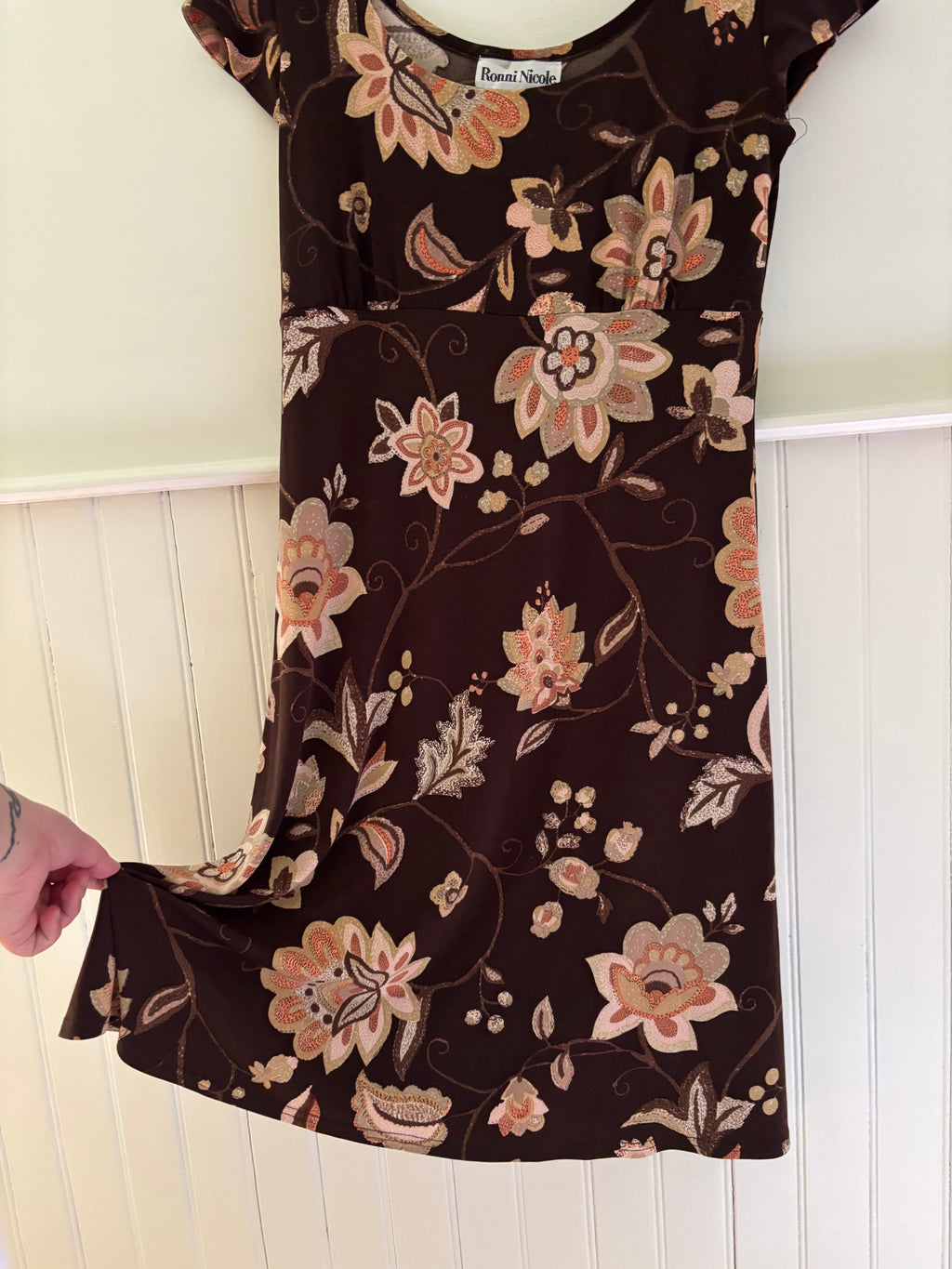 1990s Brown & Pink Floral Jersey Mini Dress