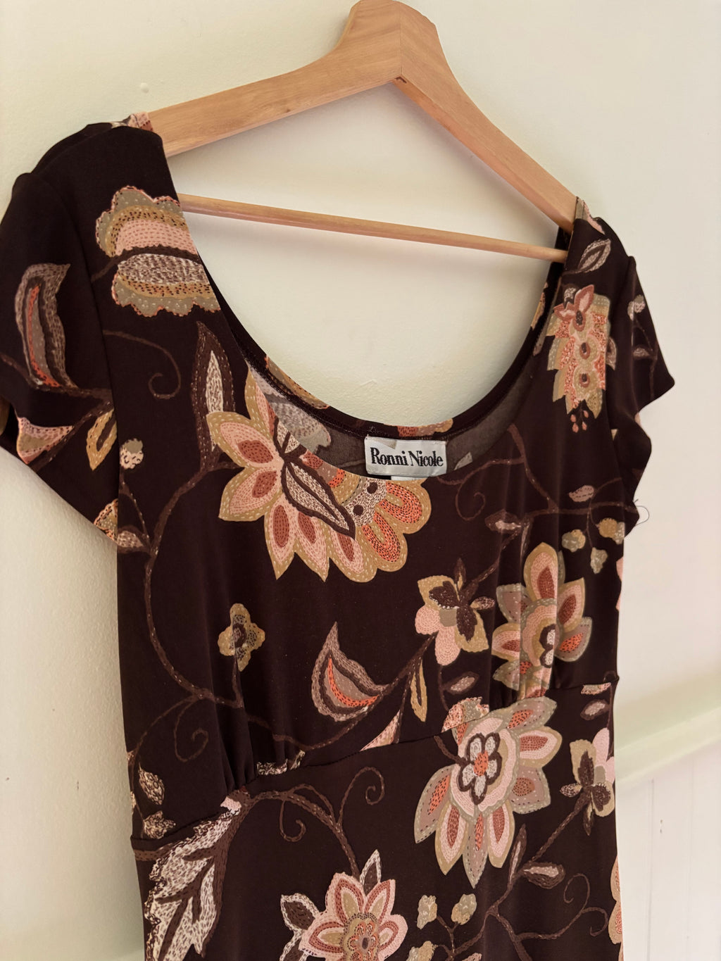 1990s Brown & Pink Floral Jersey Mini Dress