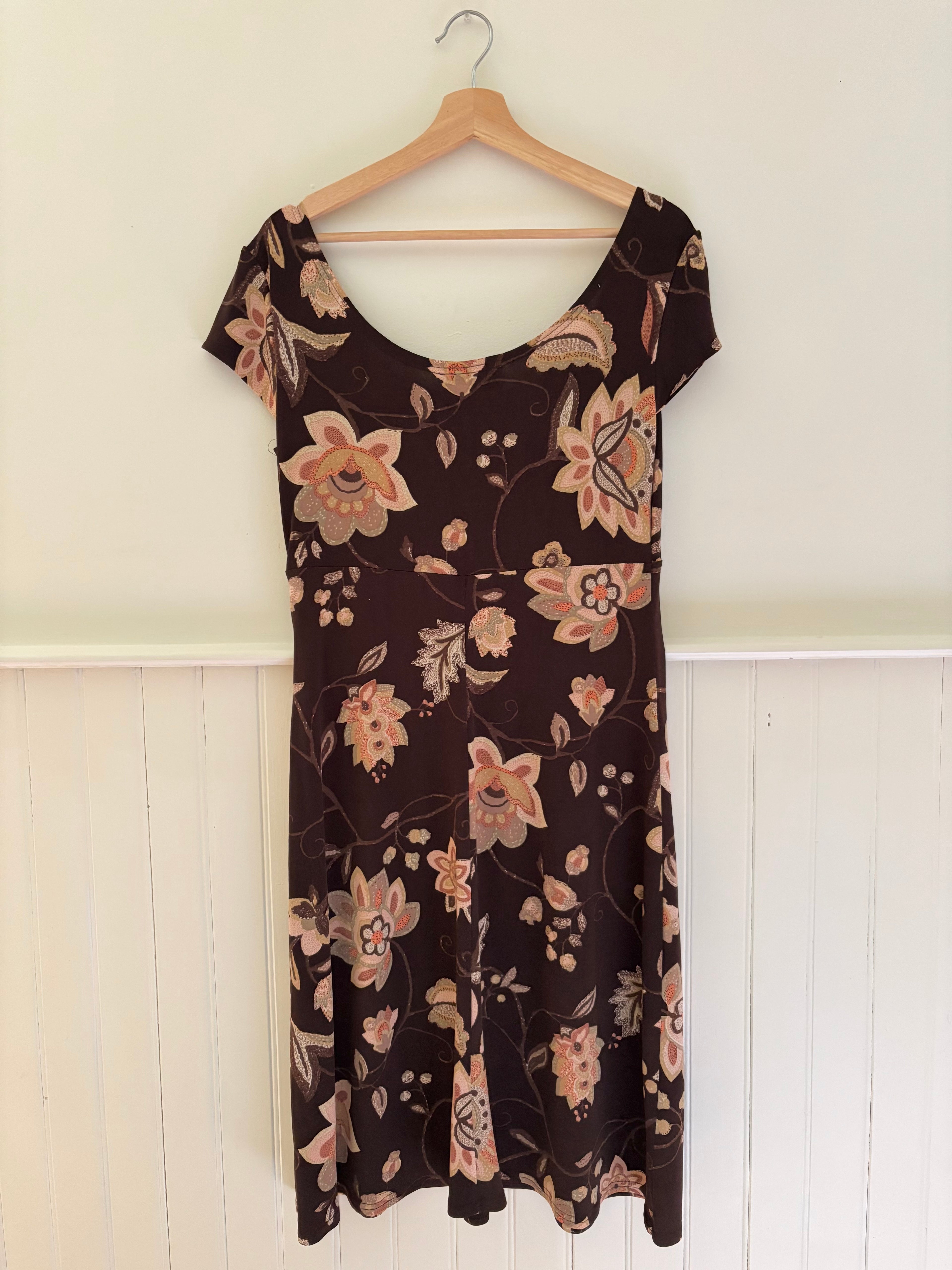 1990s Brown & Pink Floral Jersey Mini Dress