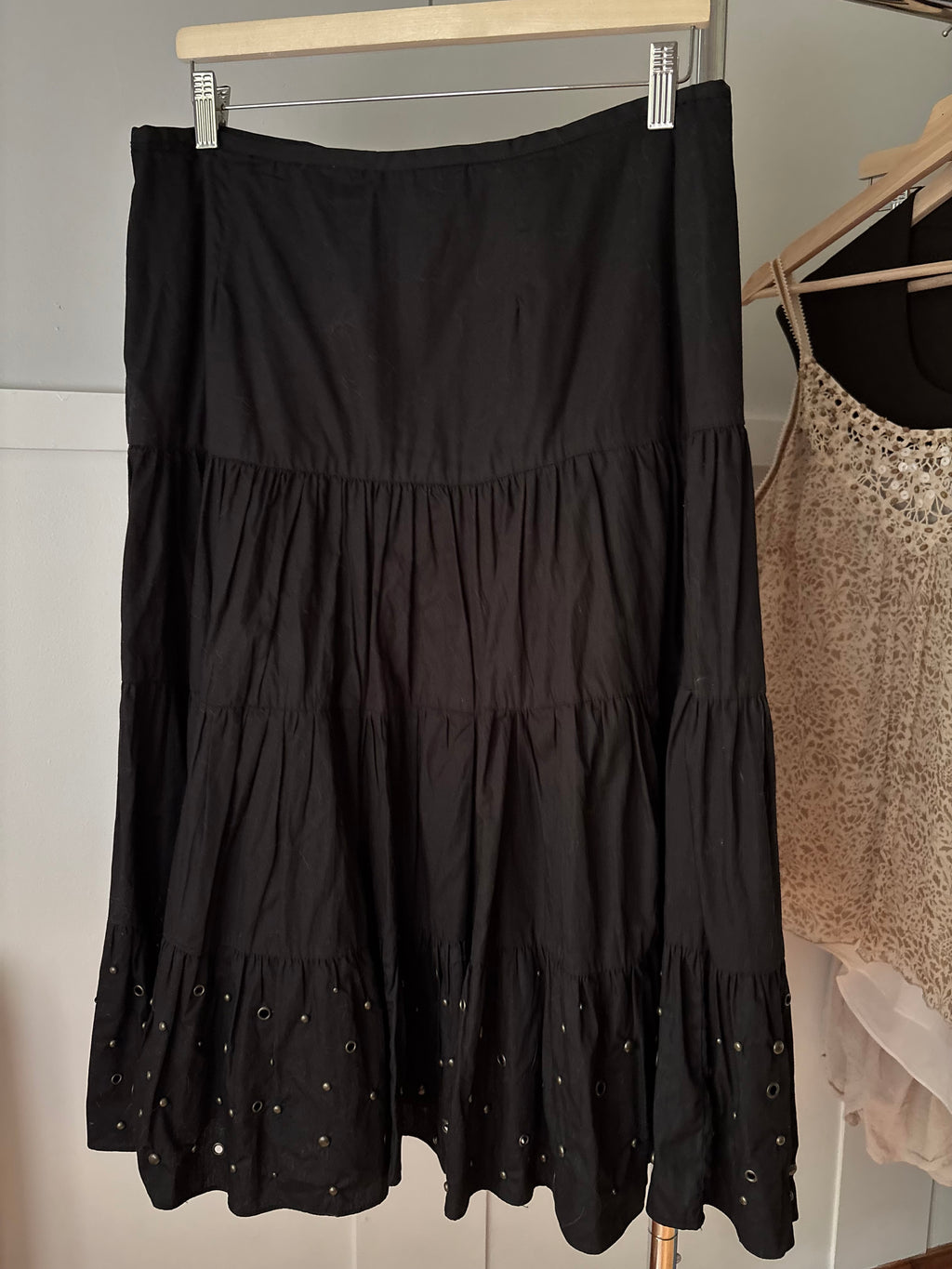Y2K Black Ruffled Cotton Skirt with Studs | size 31"