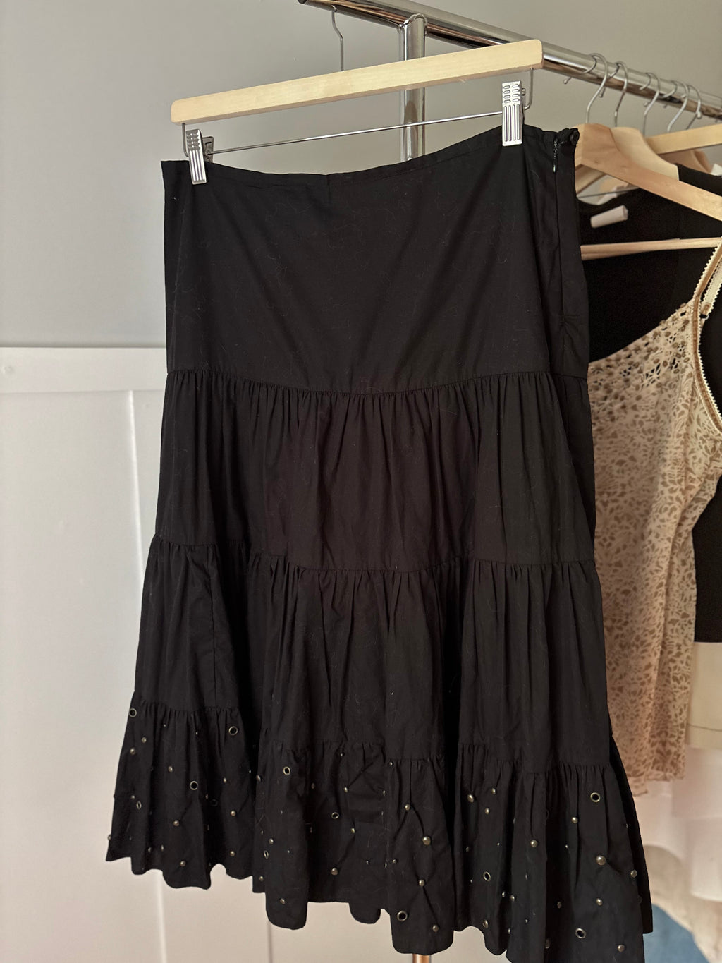 Y2K Black Ruffled Cotton Skirt with Studs | size 31"
