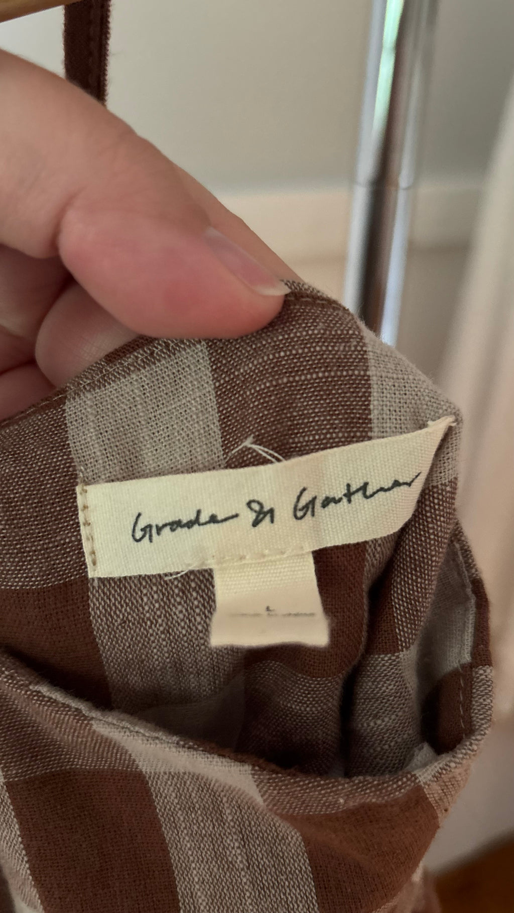 Brown Plaid Tie-Back Linen and Cotton Dress