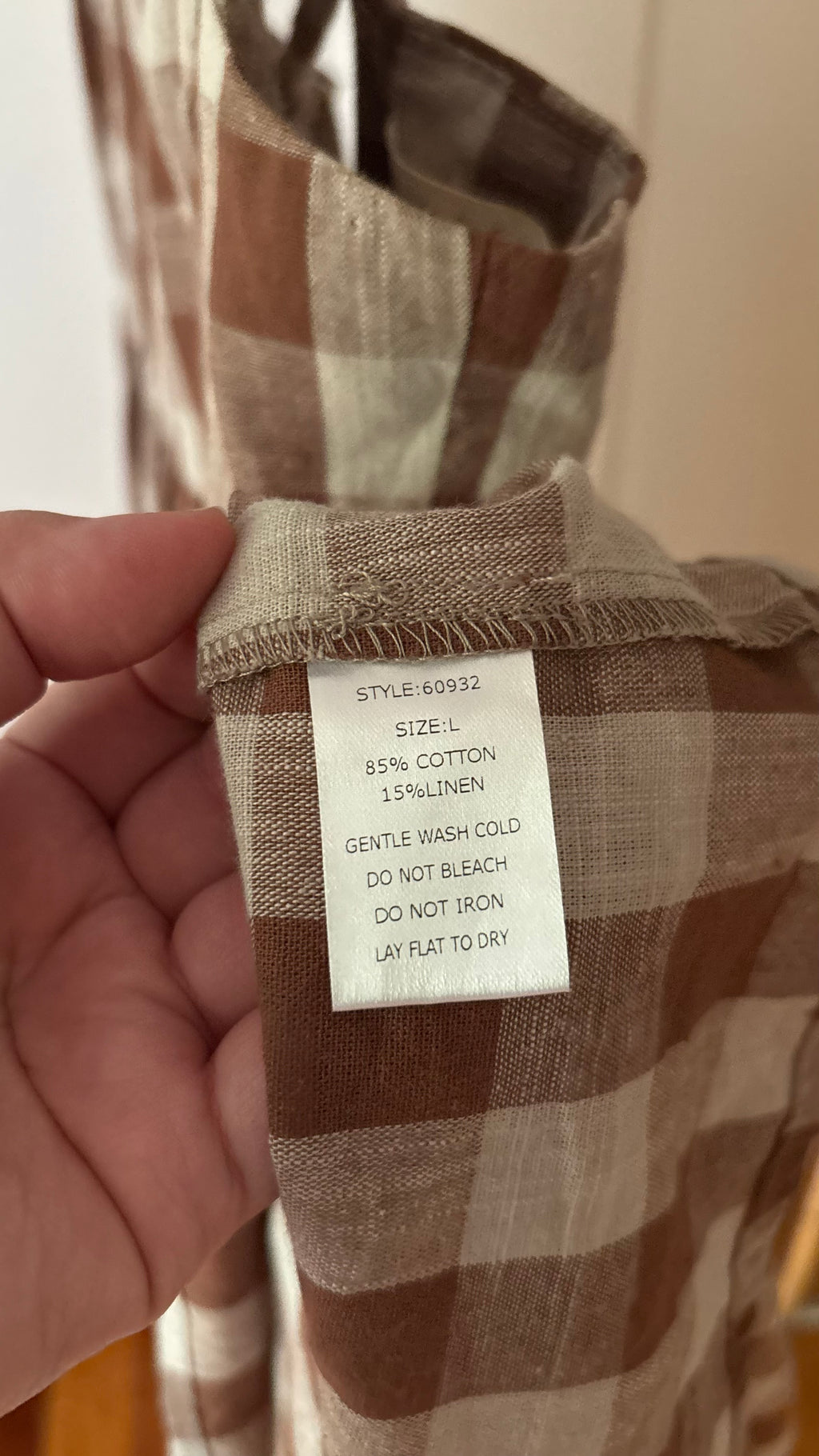 Brown Plaid Tie-Back Linen and Cotton Dress