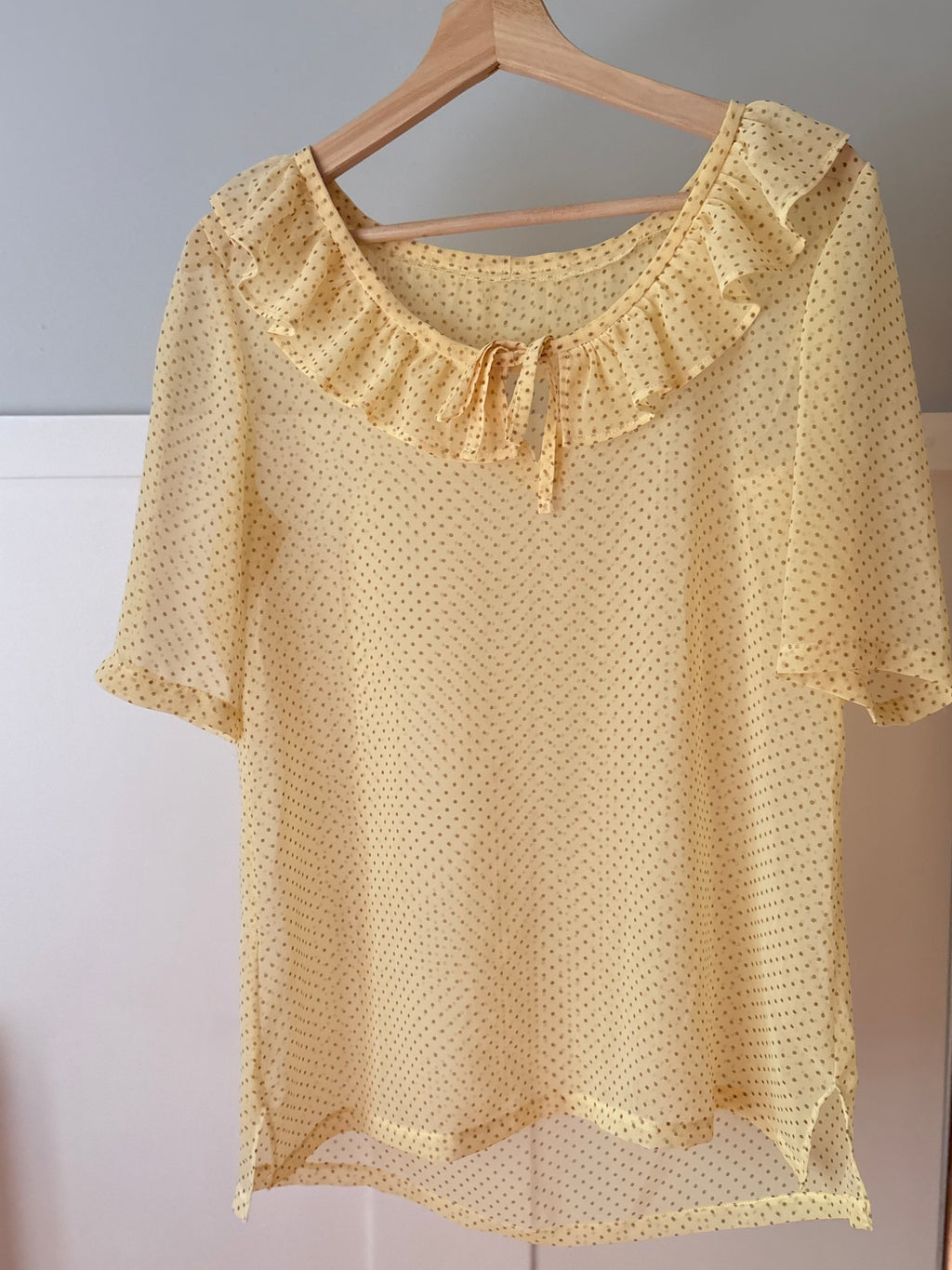 Yellow Sheer Polka Dot Blouse with Bow