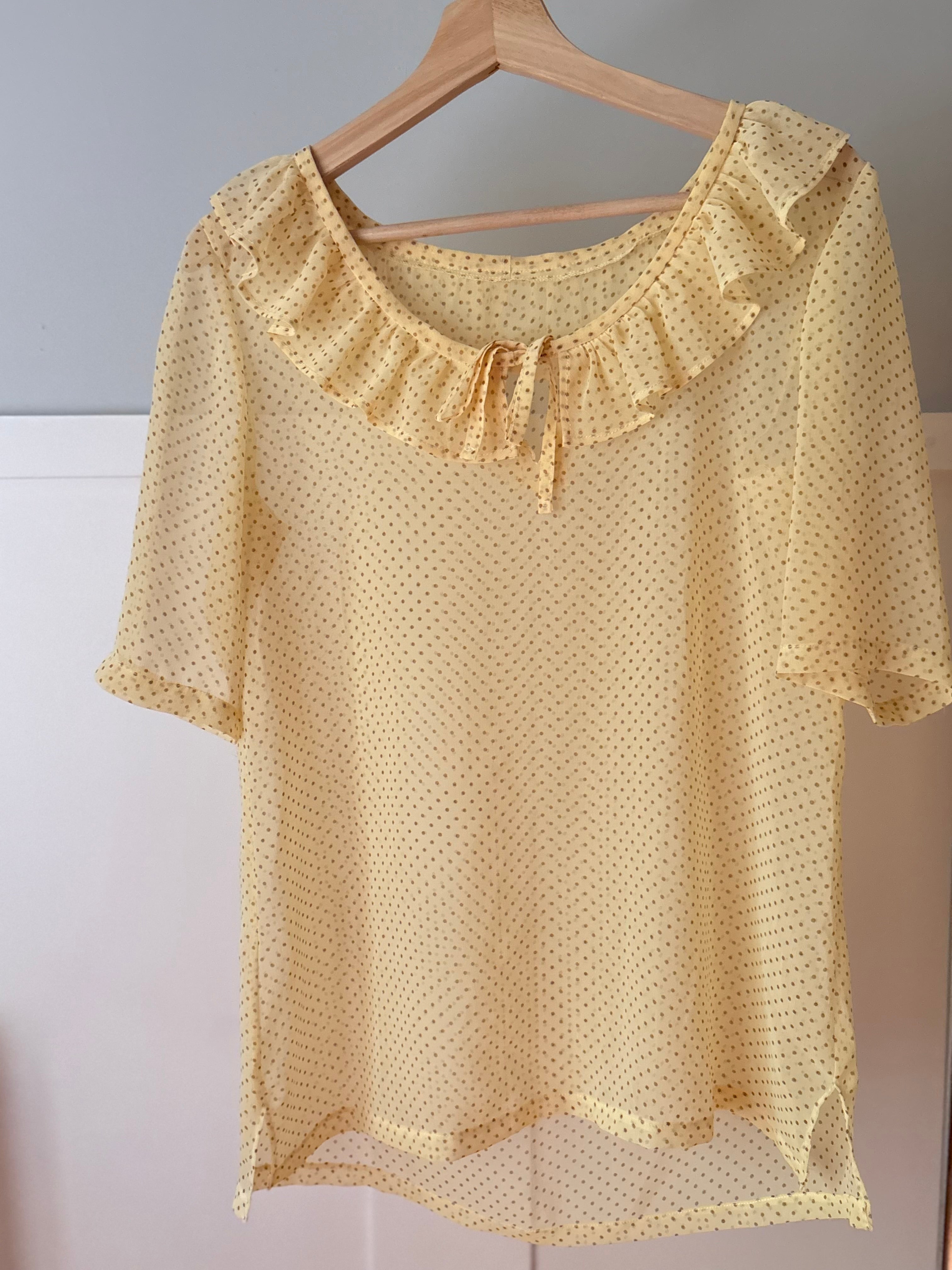 Yellow Sheer Polka Dot Blouse with Bow