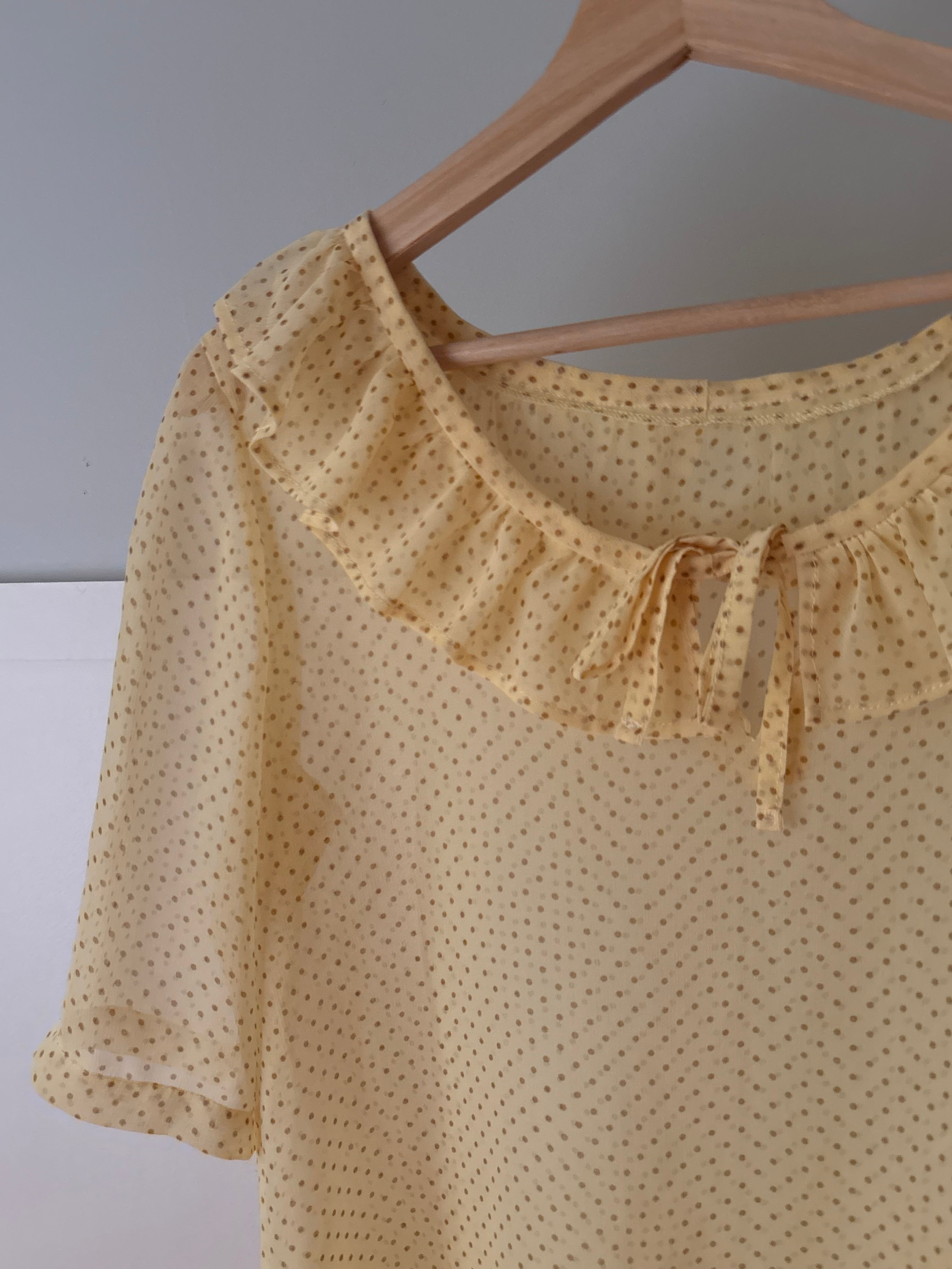 Yellow Sheer Polka Dot Blouse with Bow