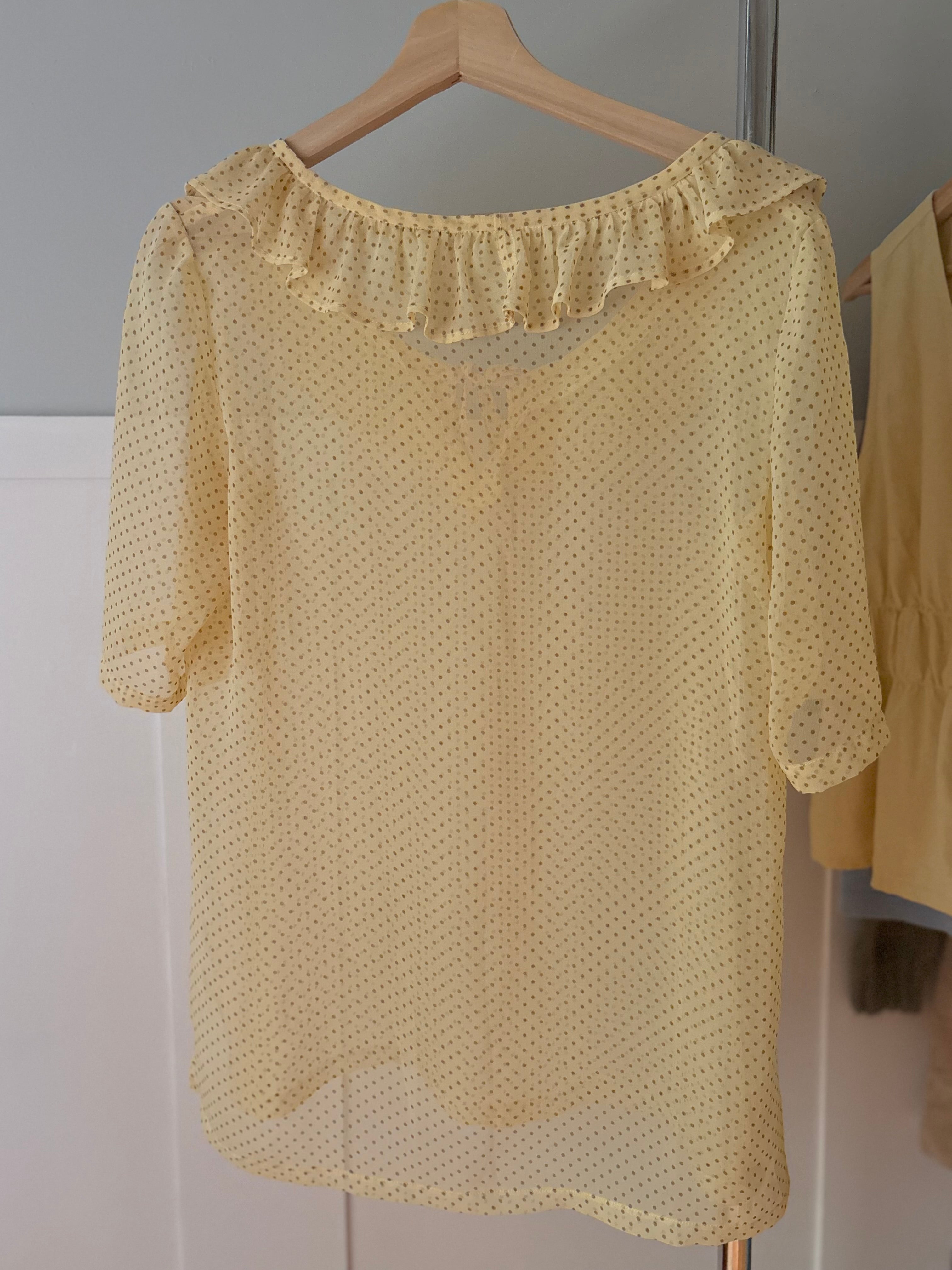 Yellow Sheer Polka Dot Blouse with Bow