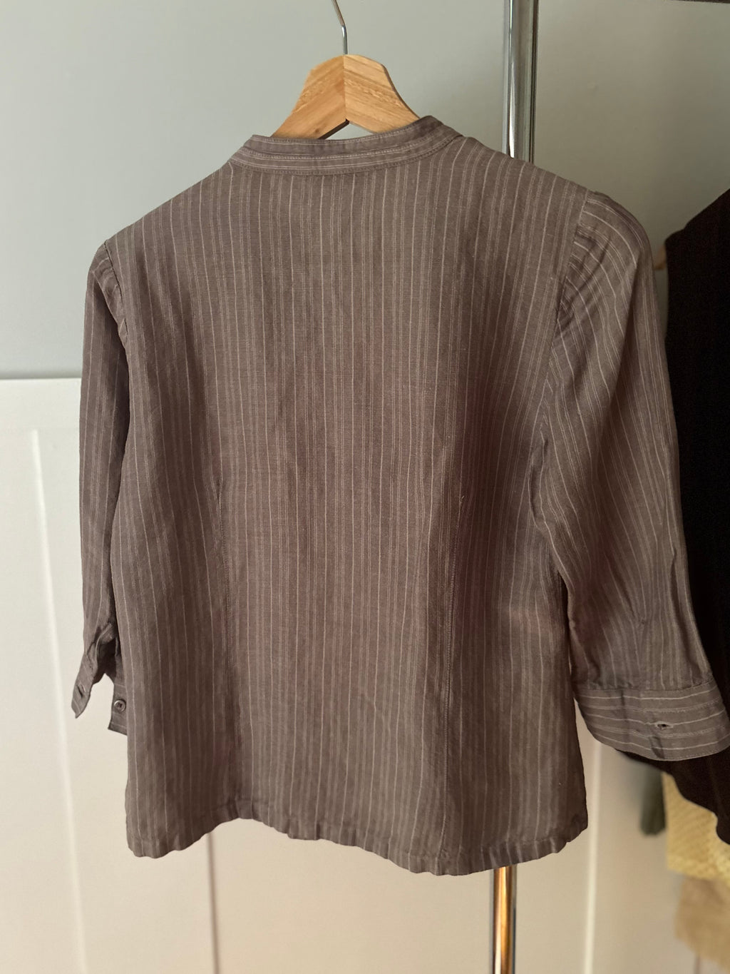 Y2K Linen Mocha Pinstriped Blouse