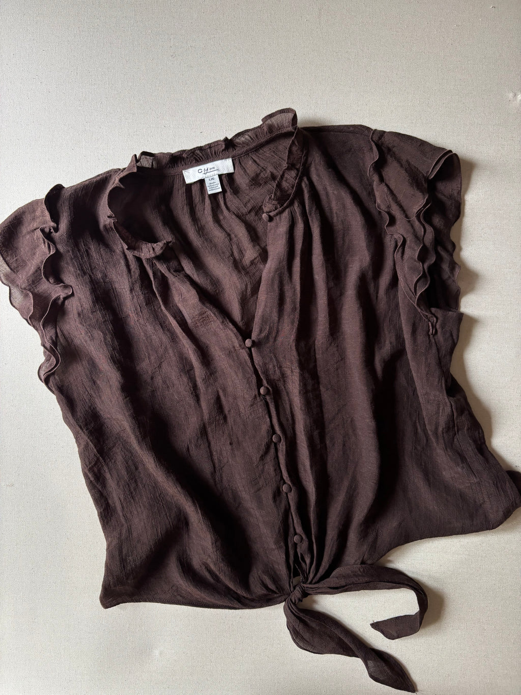 Airy Brown Linen Blouse with Tie