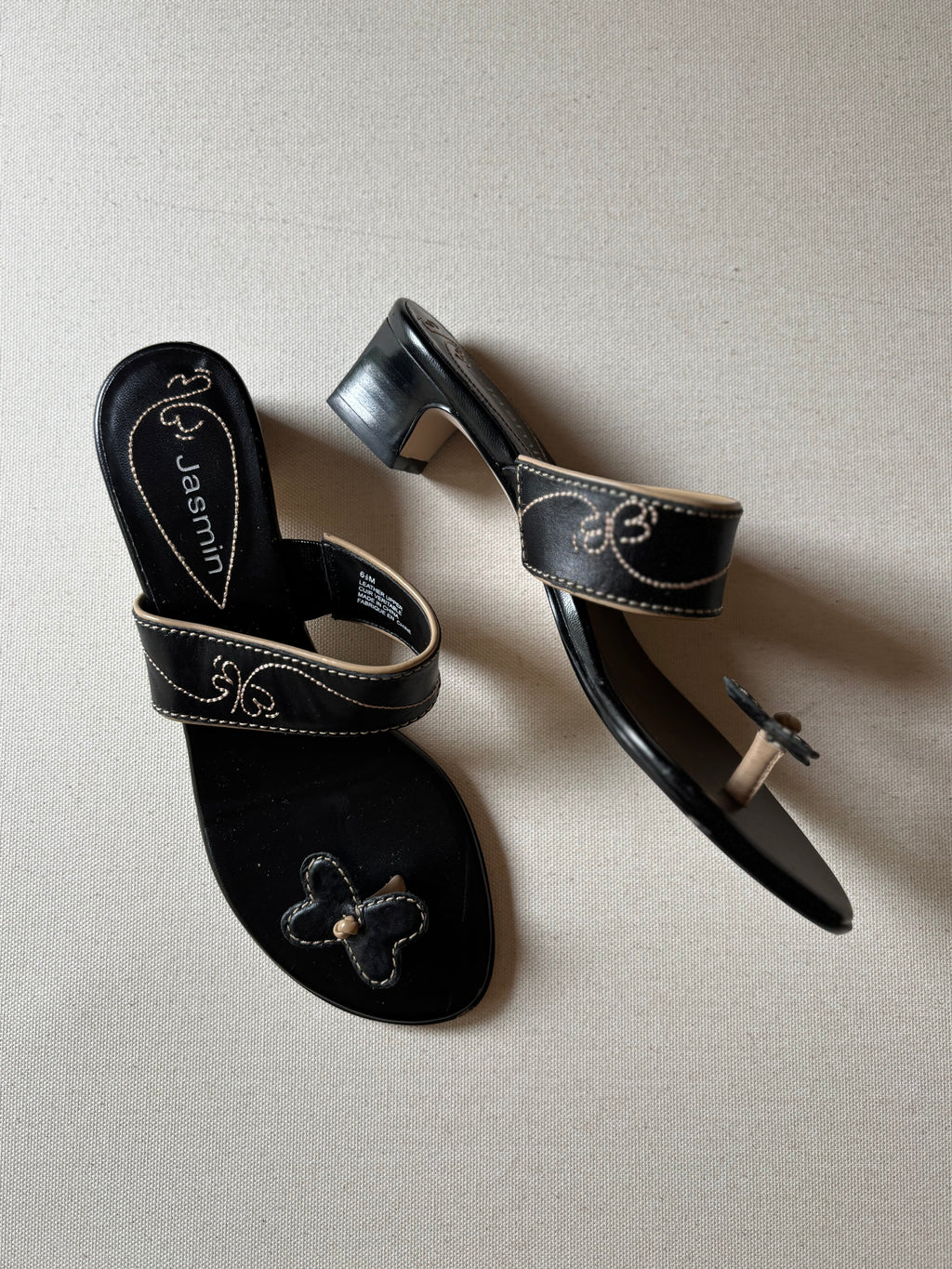 Y2K Butterfly Toe Leather Heel Sandals with Embroidery