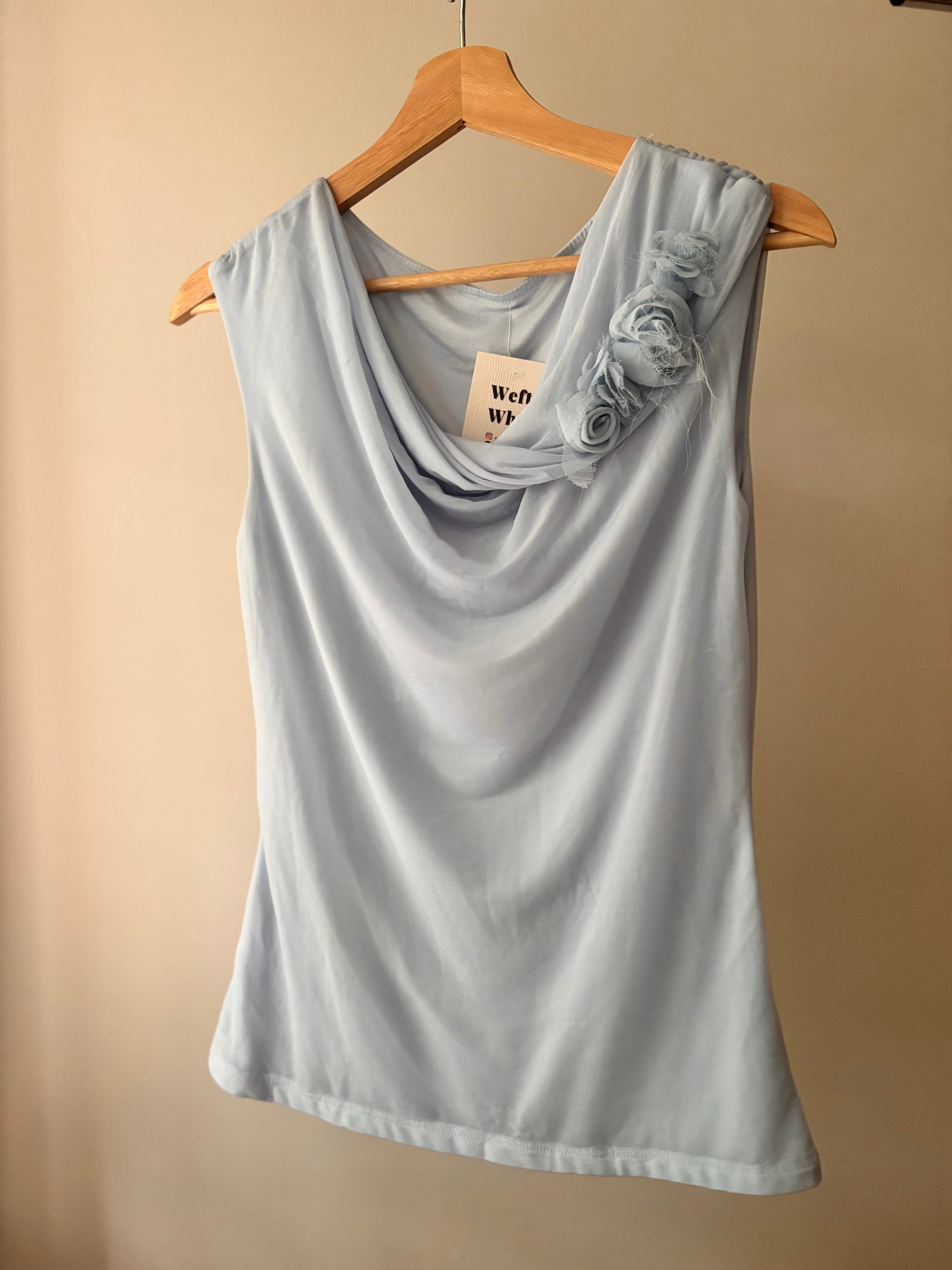 Y2K Light Blue Cowl Neck Top with Rosettes