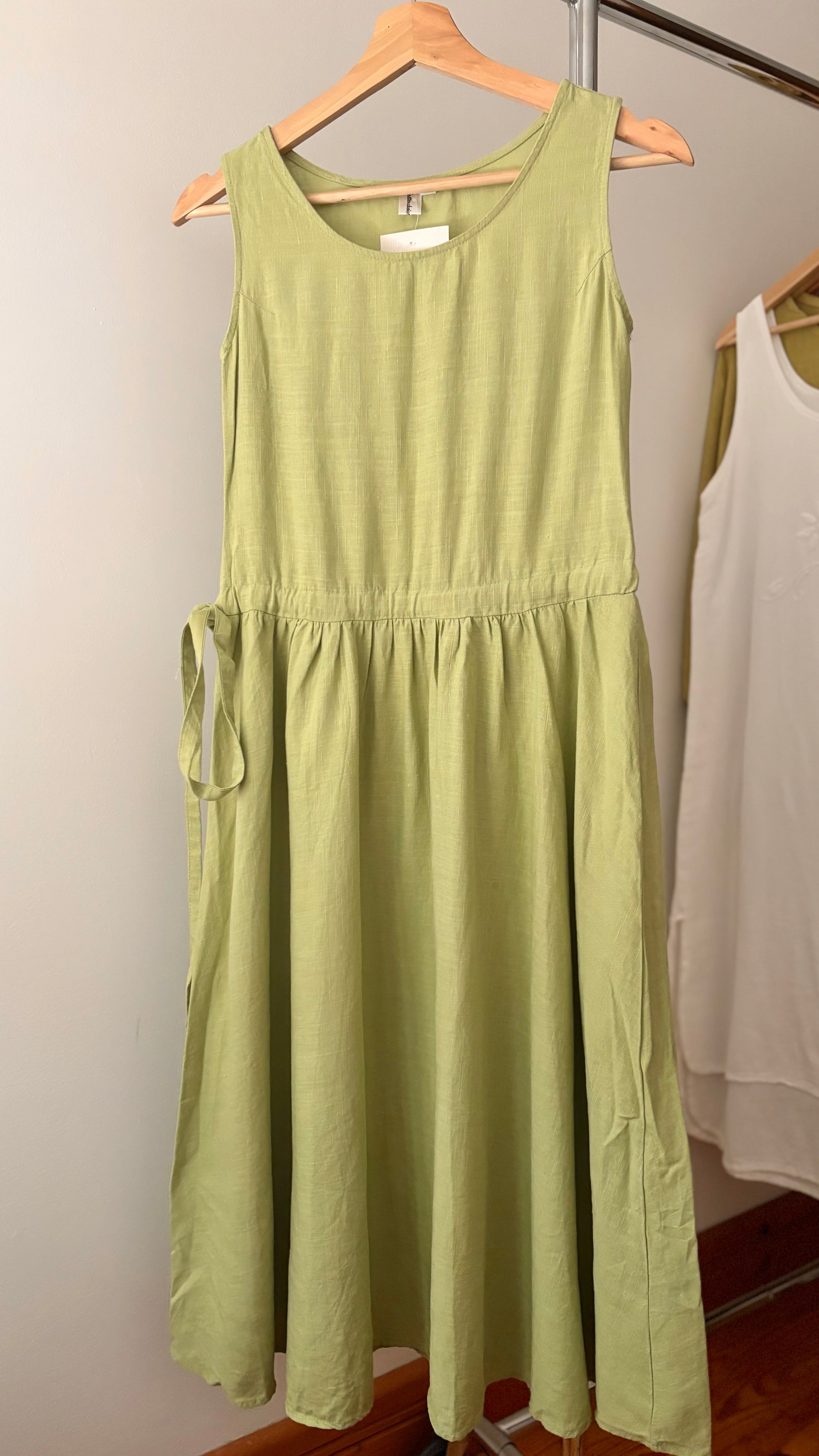 Y2K Green Linen Midi Dress with Tie