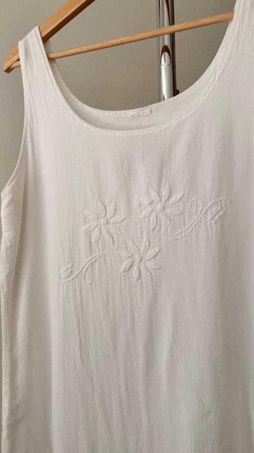 1990s Cotton Embroidered Floral Midi Dress with Double Hem