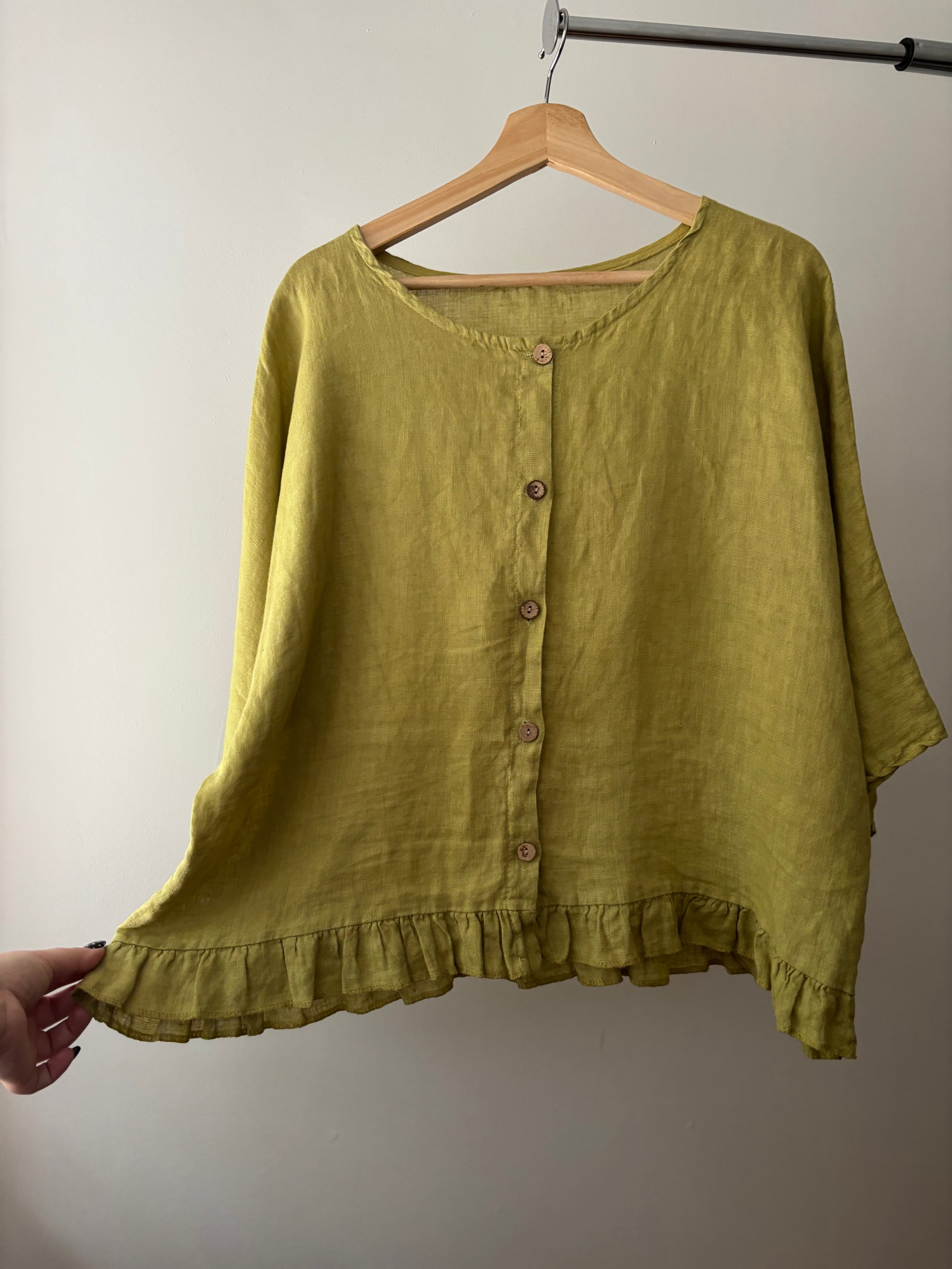 Italian Boxy Ruffled Green Linen Top
