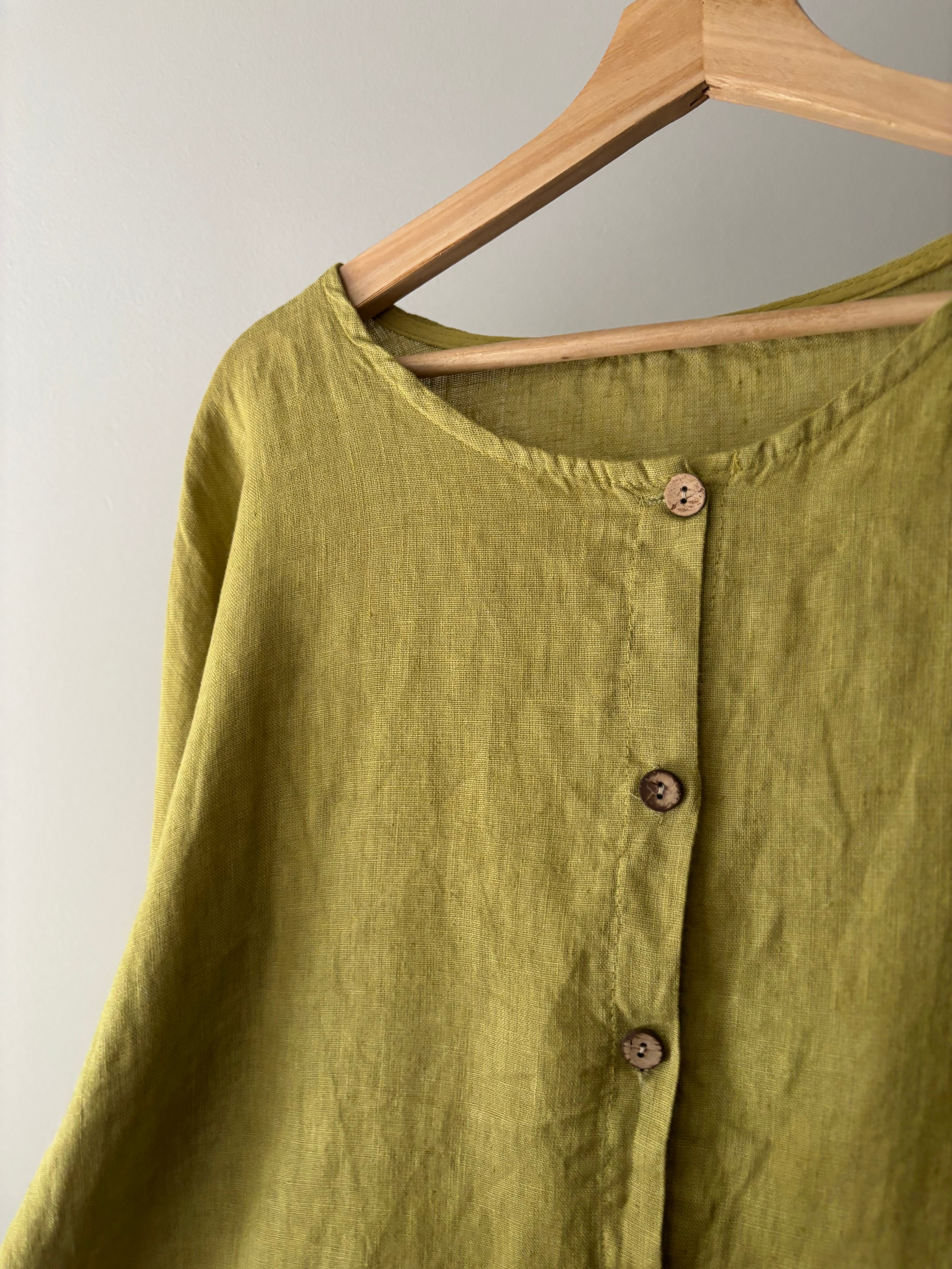 Italian Boxy Ruffled Green Linen Top