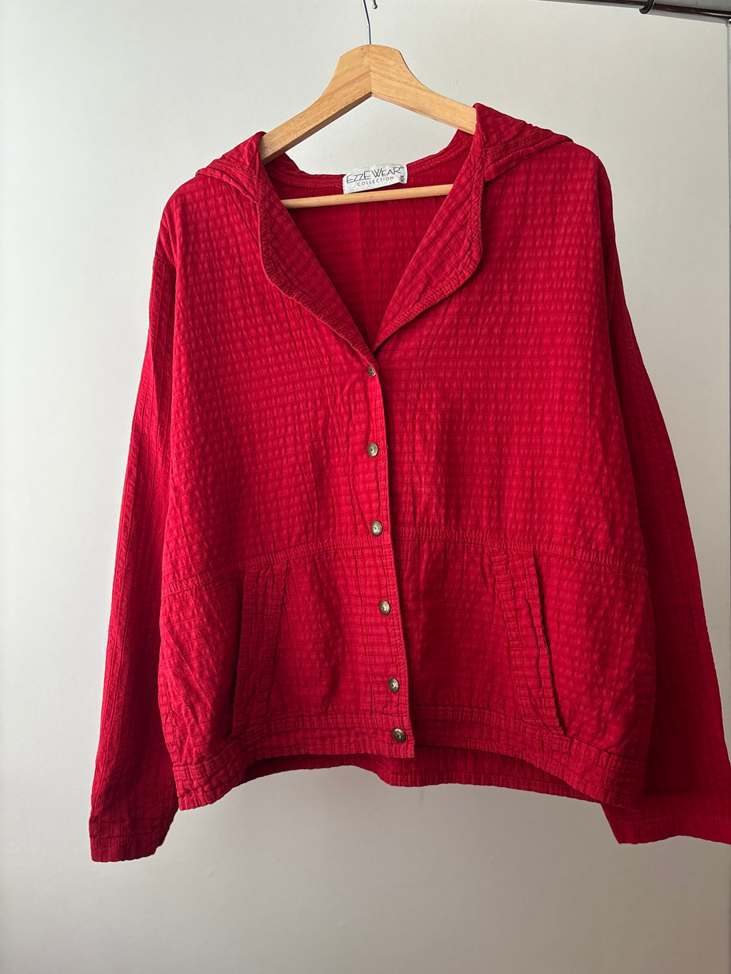 1990s Light Cotton Waffle Knit Hooded Shirt Jacket