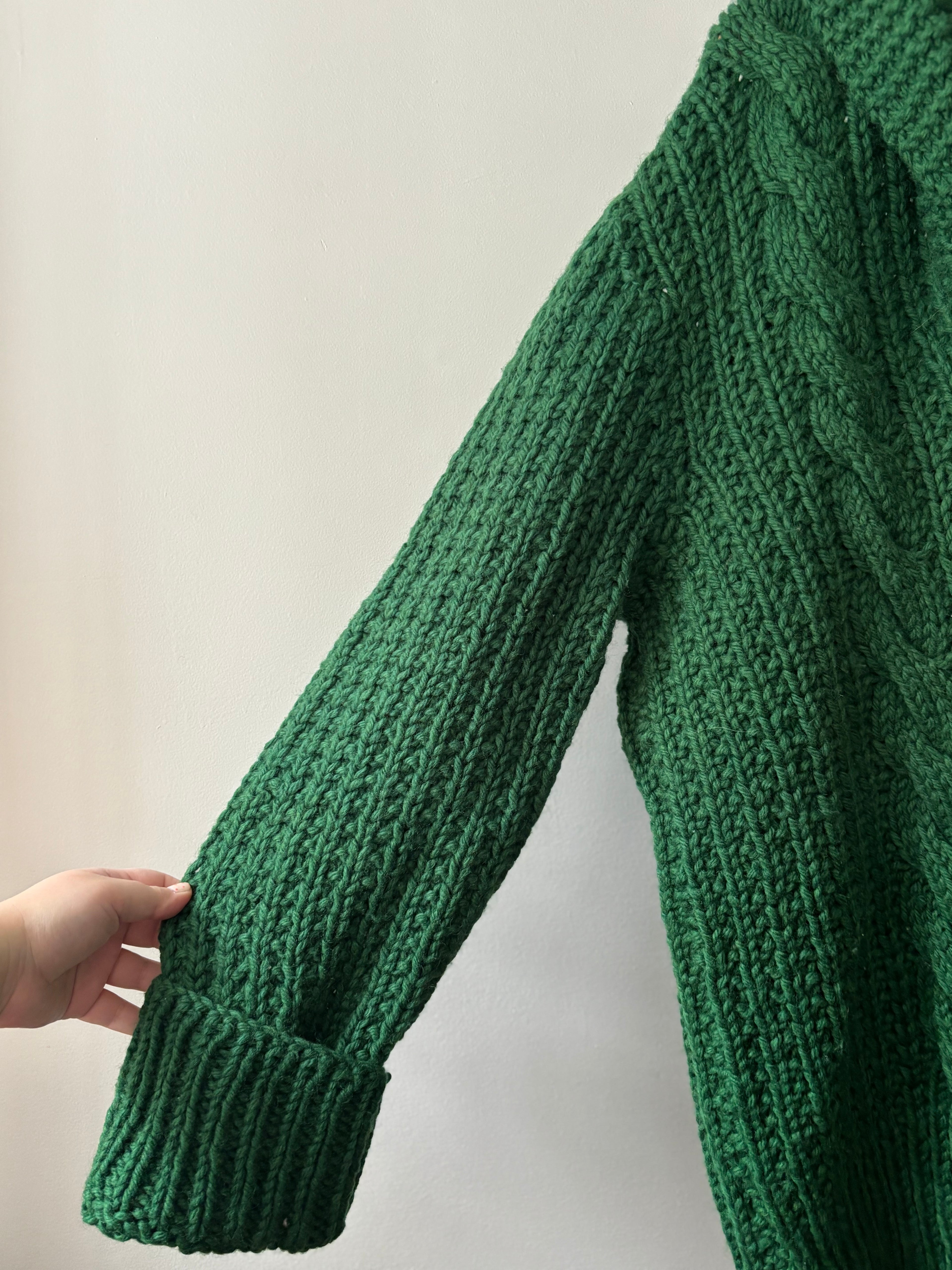 1990s Chunky Handknit Green Sweater | Vintage Heavy Wool Cable Knit Jumper
