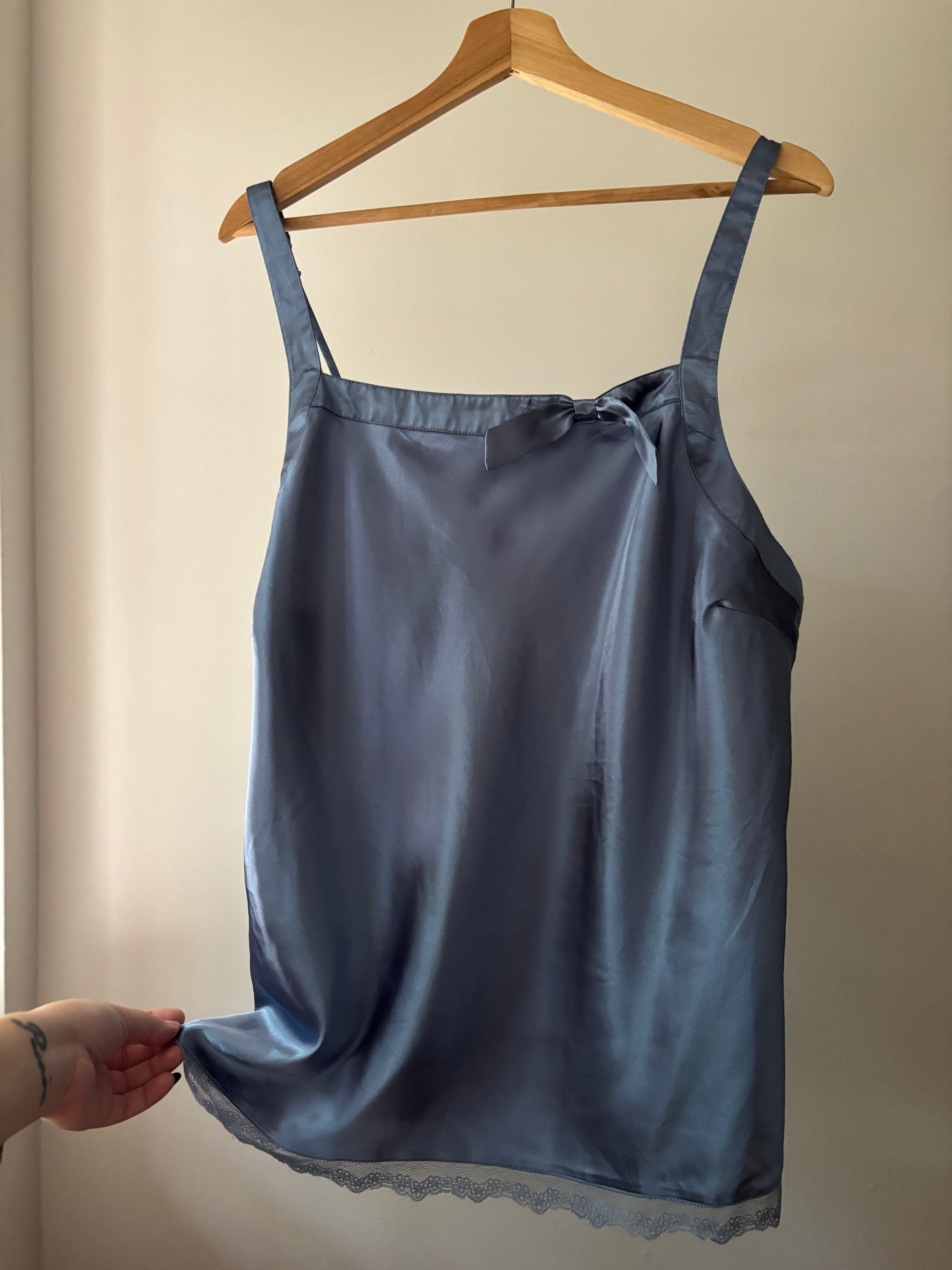 Y2K Blue Satin Camisole with Bow & Lace Trim