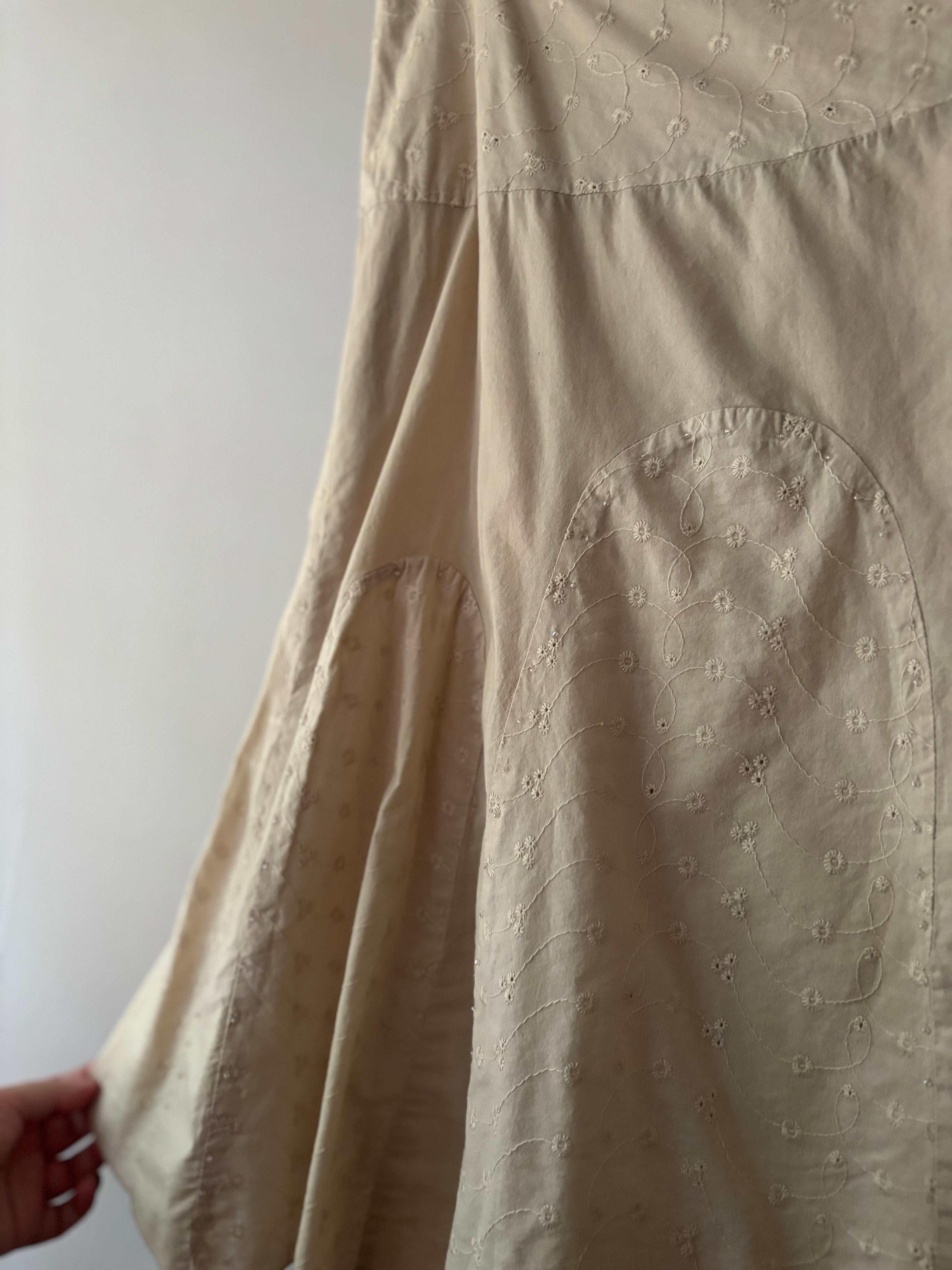 1990s Embroidered Cotton Midi Skirt with Beads | size 32"