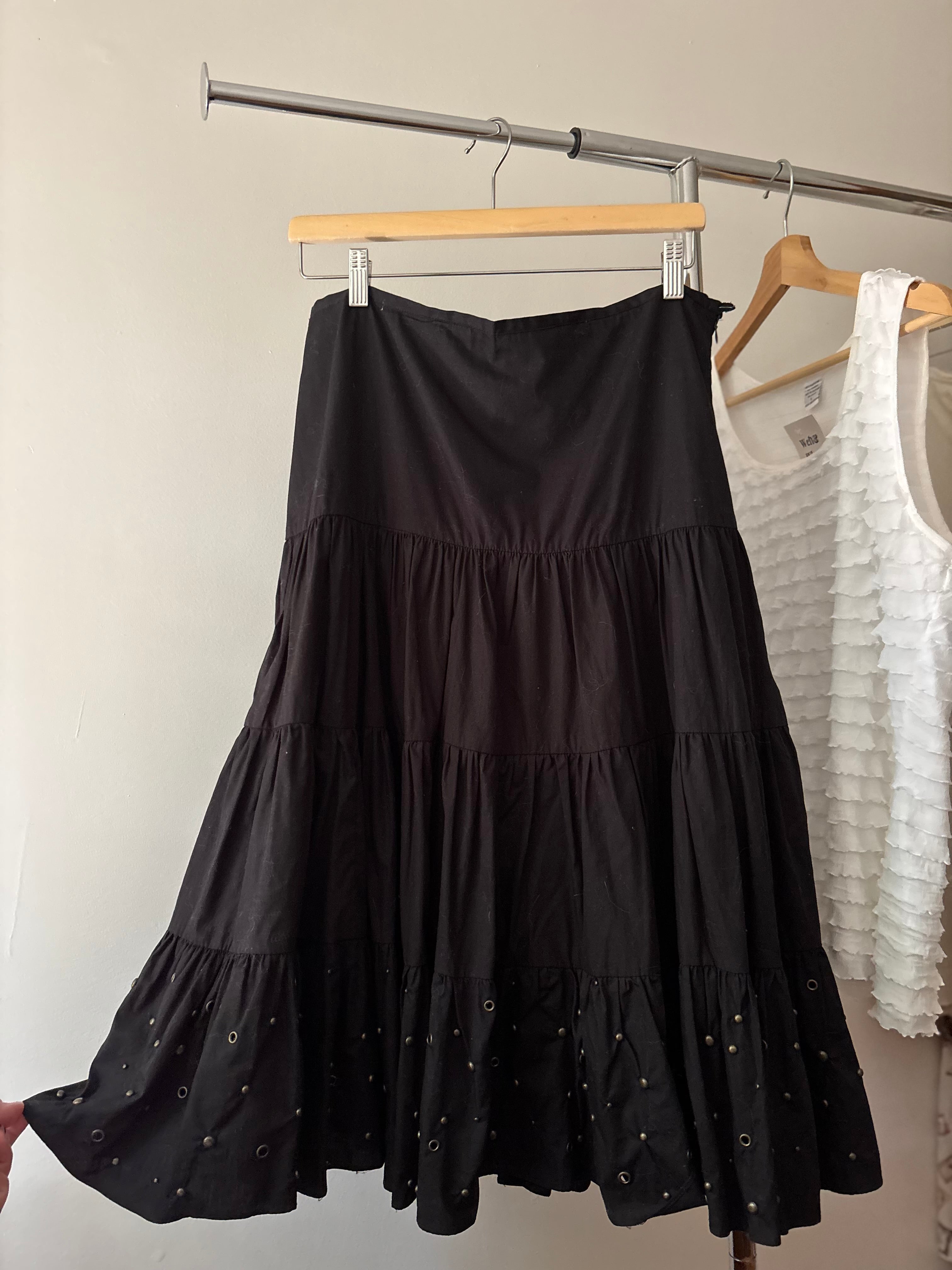 Y2K Black Ruffled Cotton Skirt with Studs | size 31"