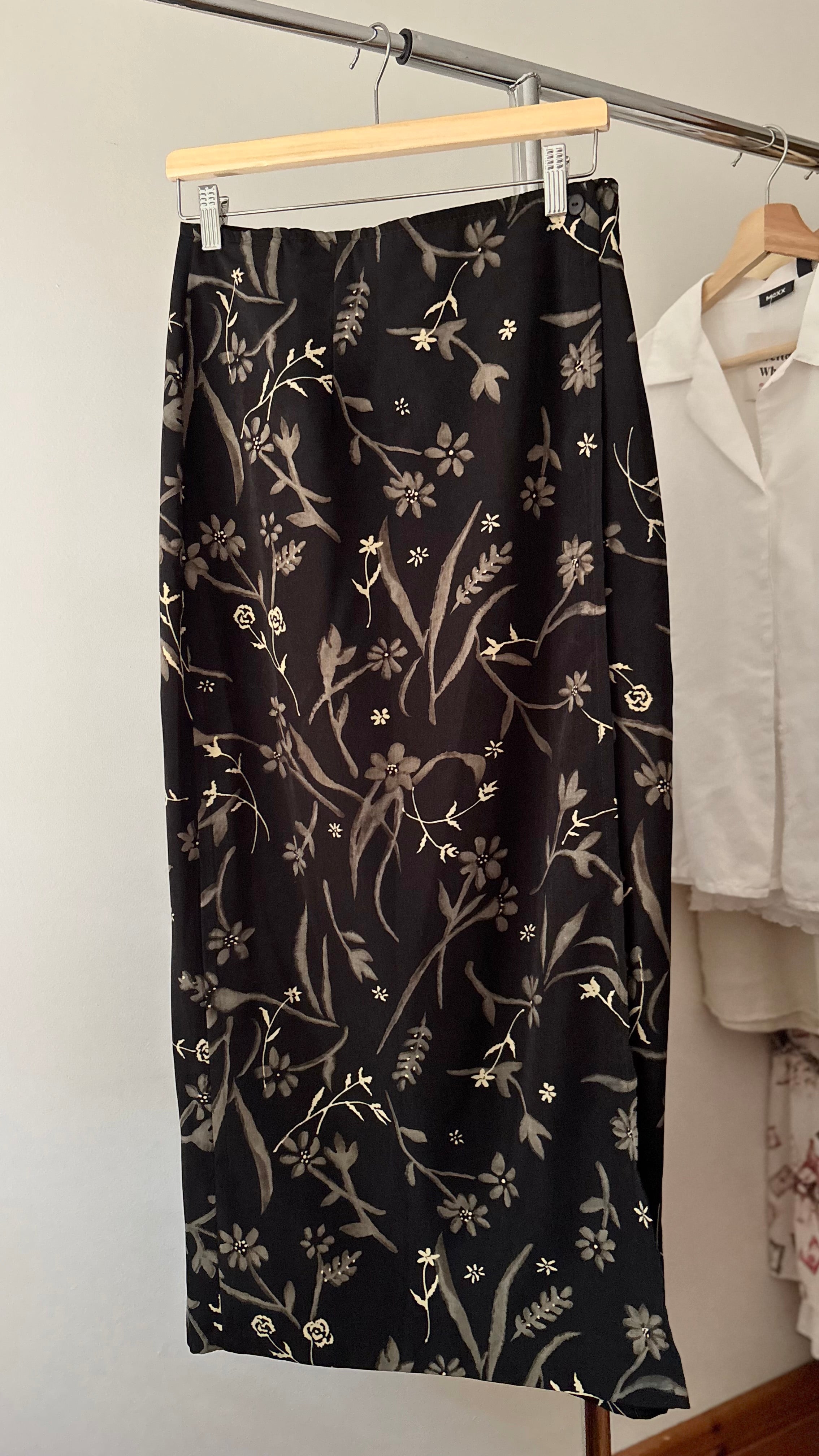1990s Neutral Floral Wrap Maxi Skirt | size 28"