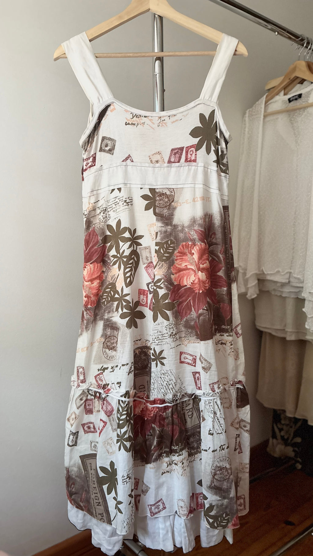 Y2K Italian Linen Blend Ruffled Dress with Buttons & Roses