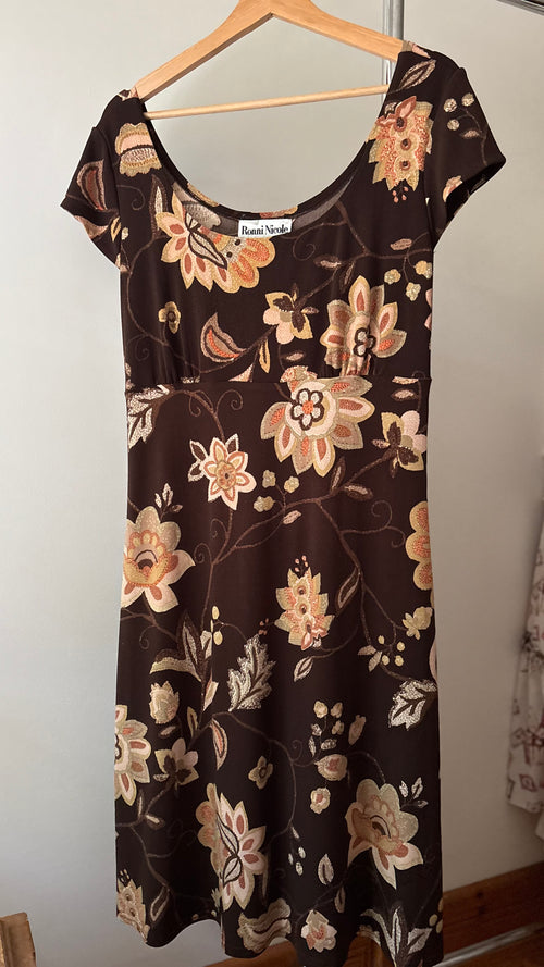1990s Brown & Pink Floral Jersey Mini Dress