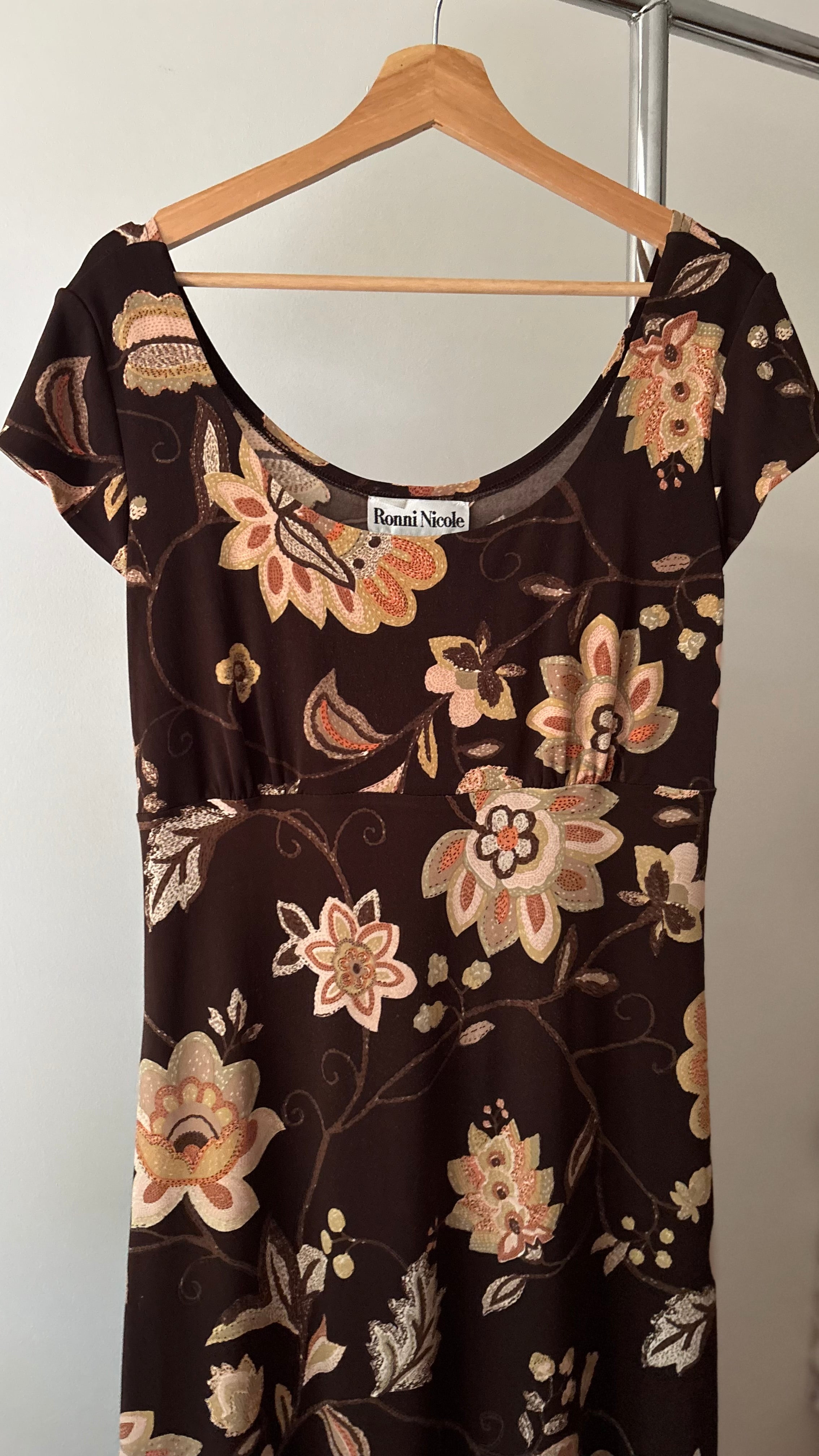 1990s Brown & Pink Floral Jersey Mini Dress