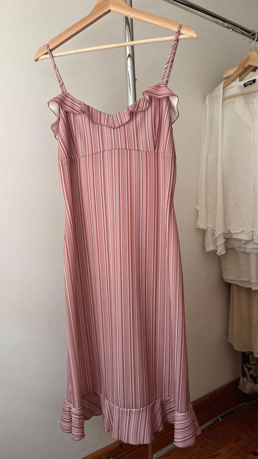 1990s Pink Striped Midi Dress with Ruffles