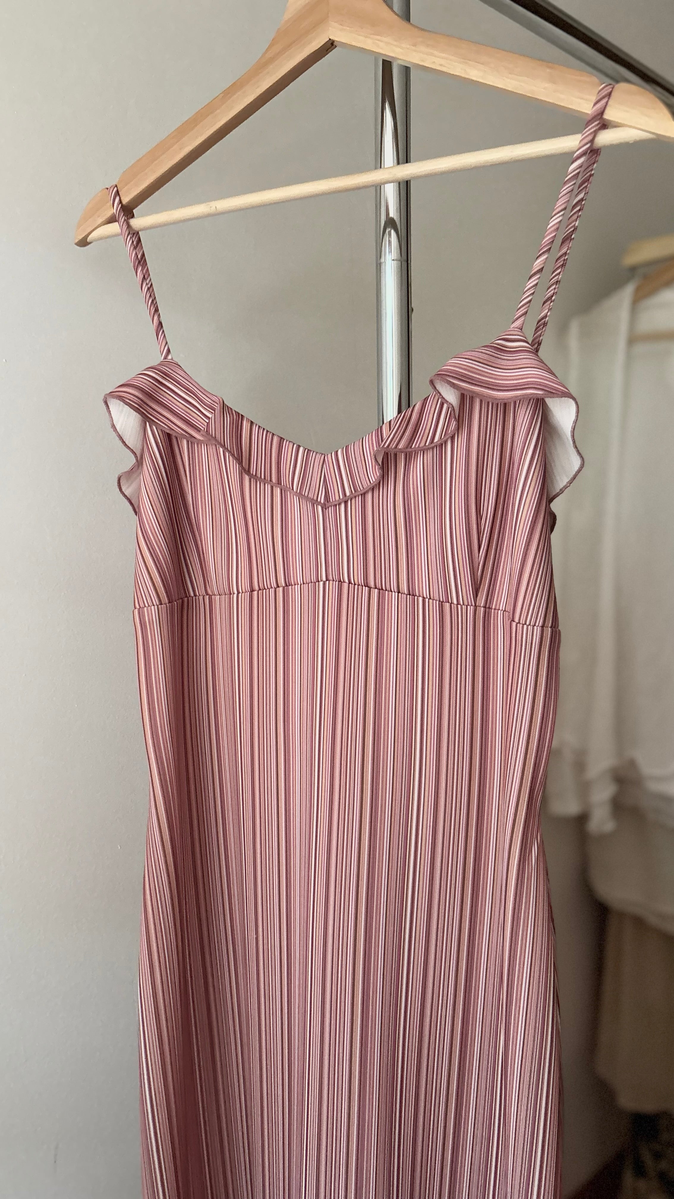 1990s Pink Striped Midi Dress with Ruffles