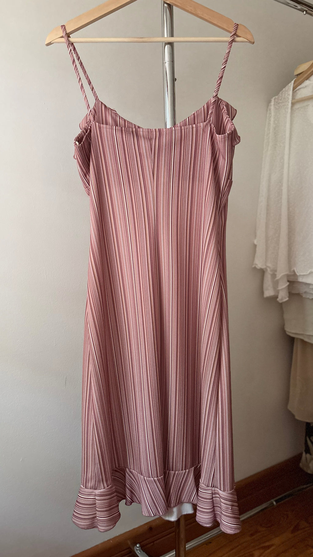 1990s Pink Striped Midi Dress with Ruffles