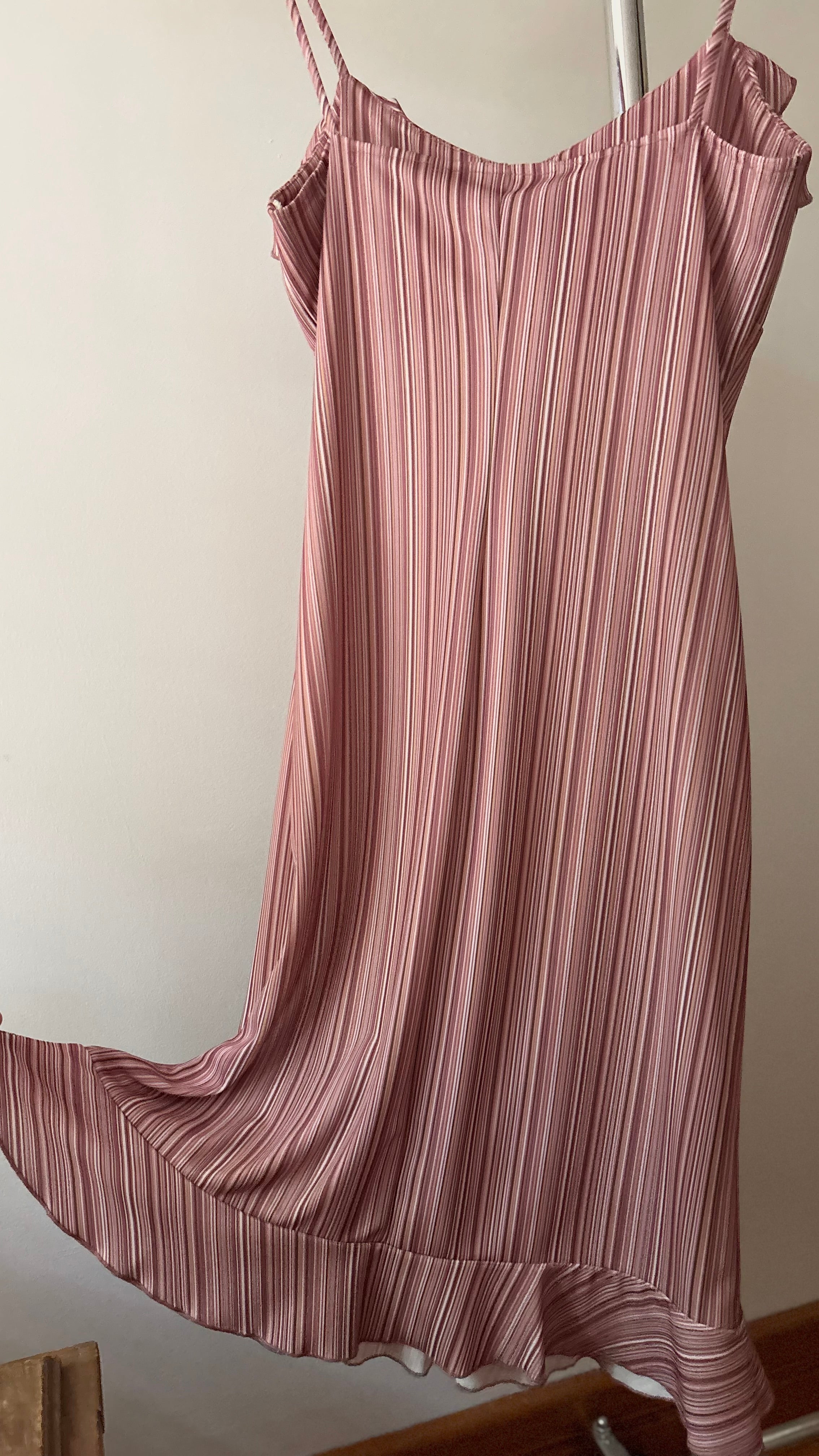 1990s Pink Striped Midi Dress with Ruffles