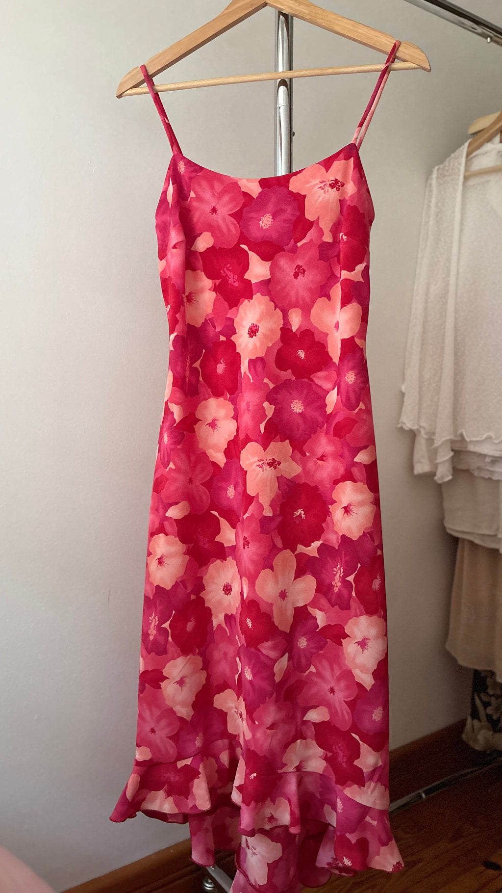 1990s Pink Floral Maxi Dress wit Asymmetrical Hem
