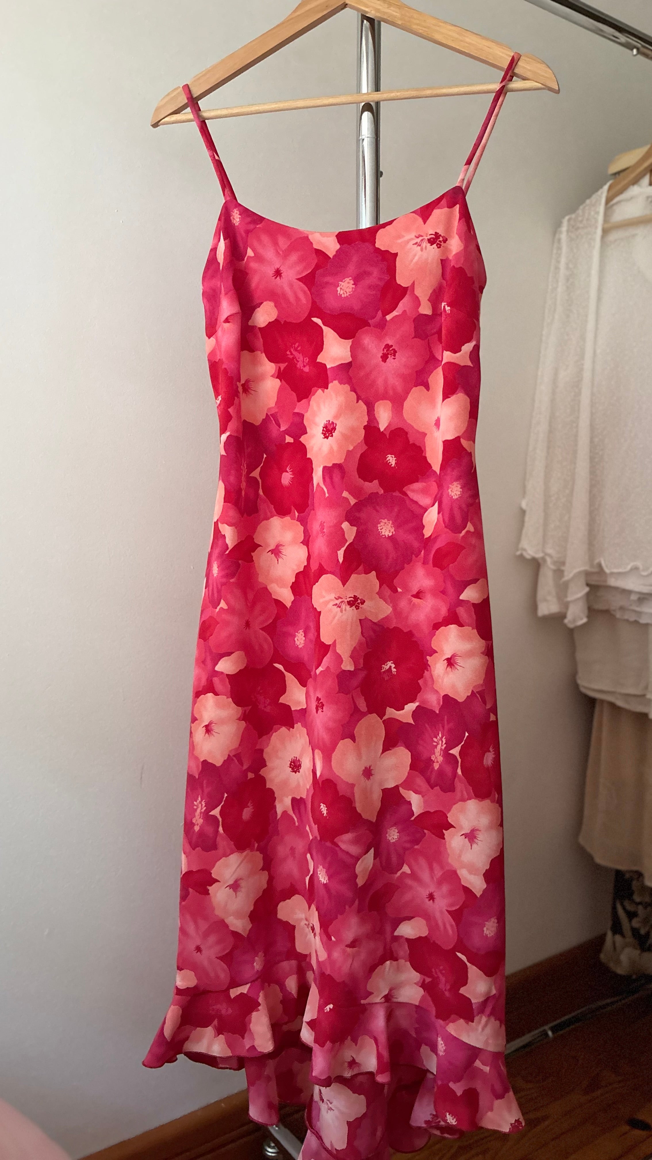 1990s Pink Floral Maxi Dress wit Asymmetrical Hem