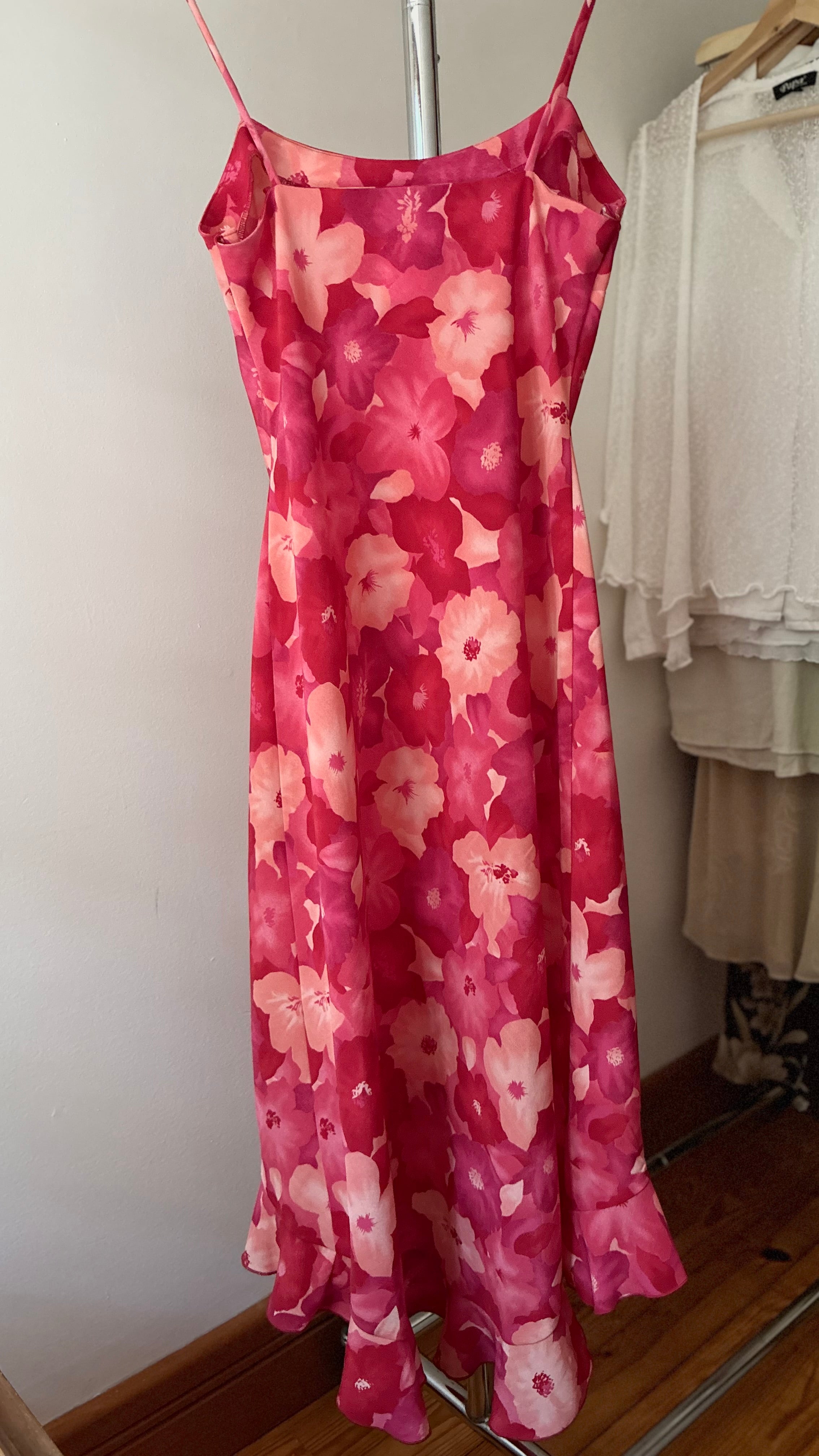 1990s Pink Floral Maxi Dress wit Asymmetrical Hem