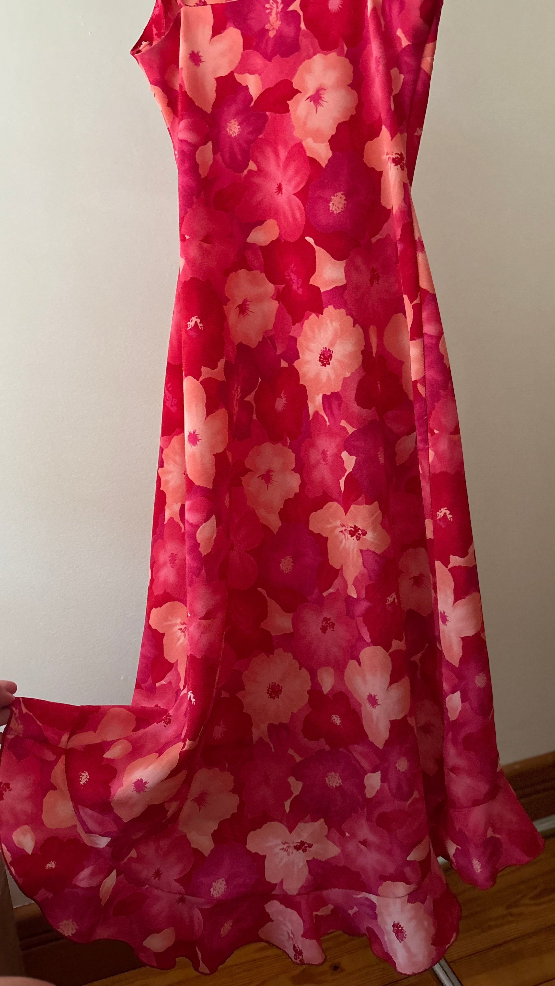 1990s Pink Floral Maxi Dress wit Asymmetrical Hem