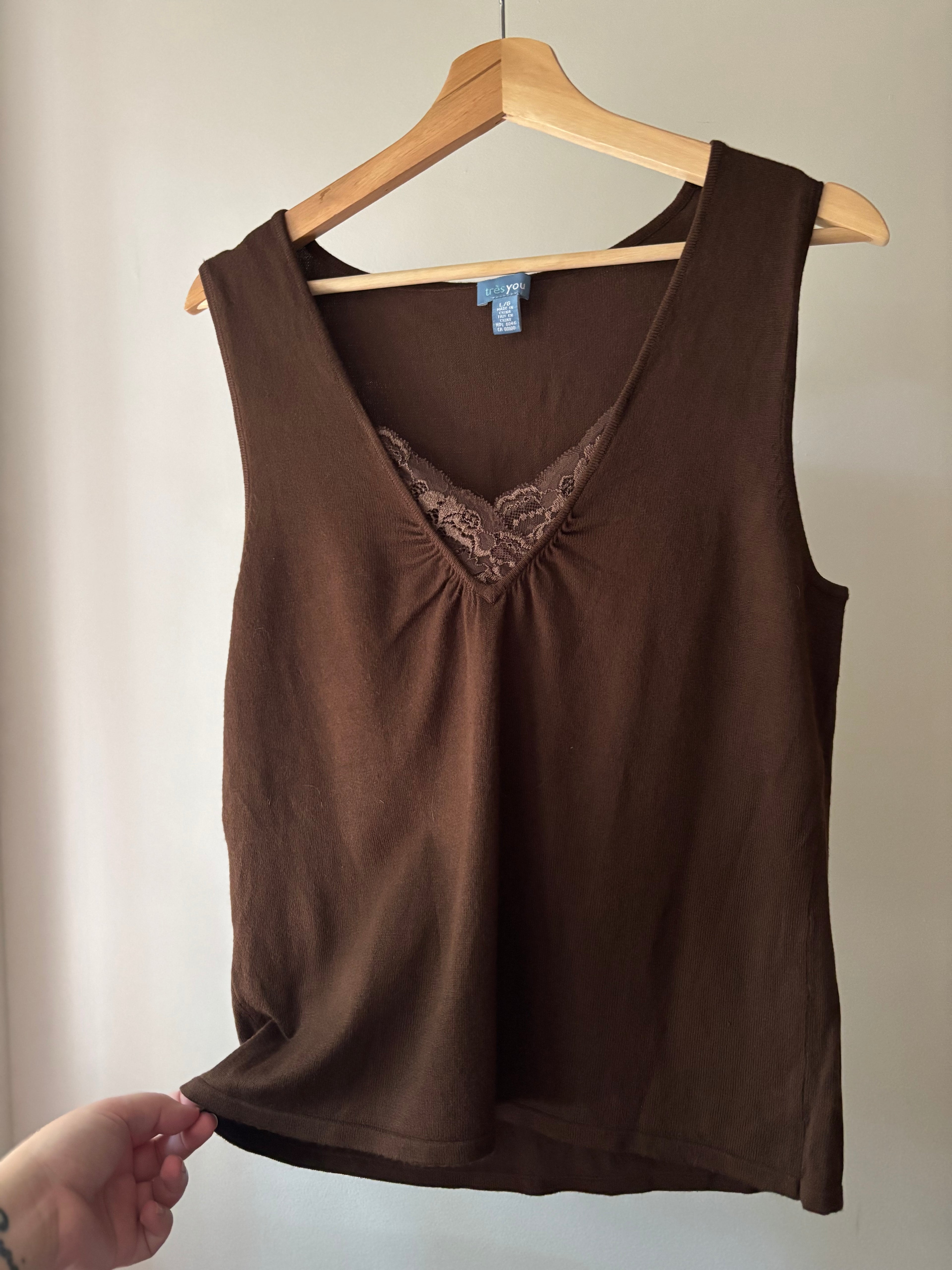 Y2K Soft Brown Knit Top with Lace
