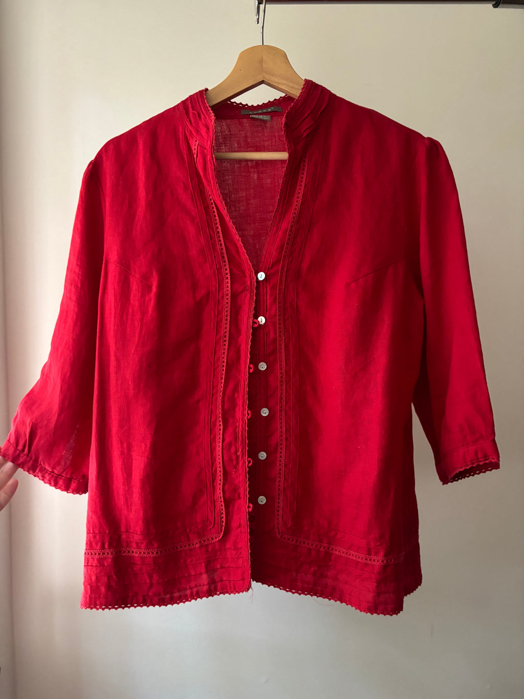 Y2K Red Linen Puff Sleeve Blouse with Lace Trim