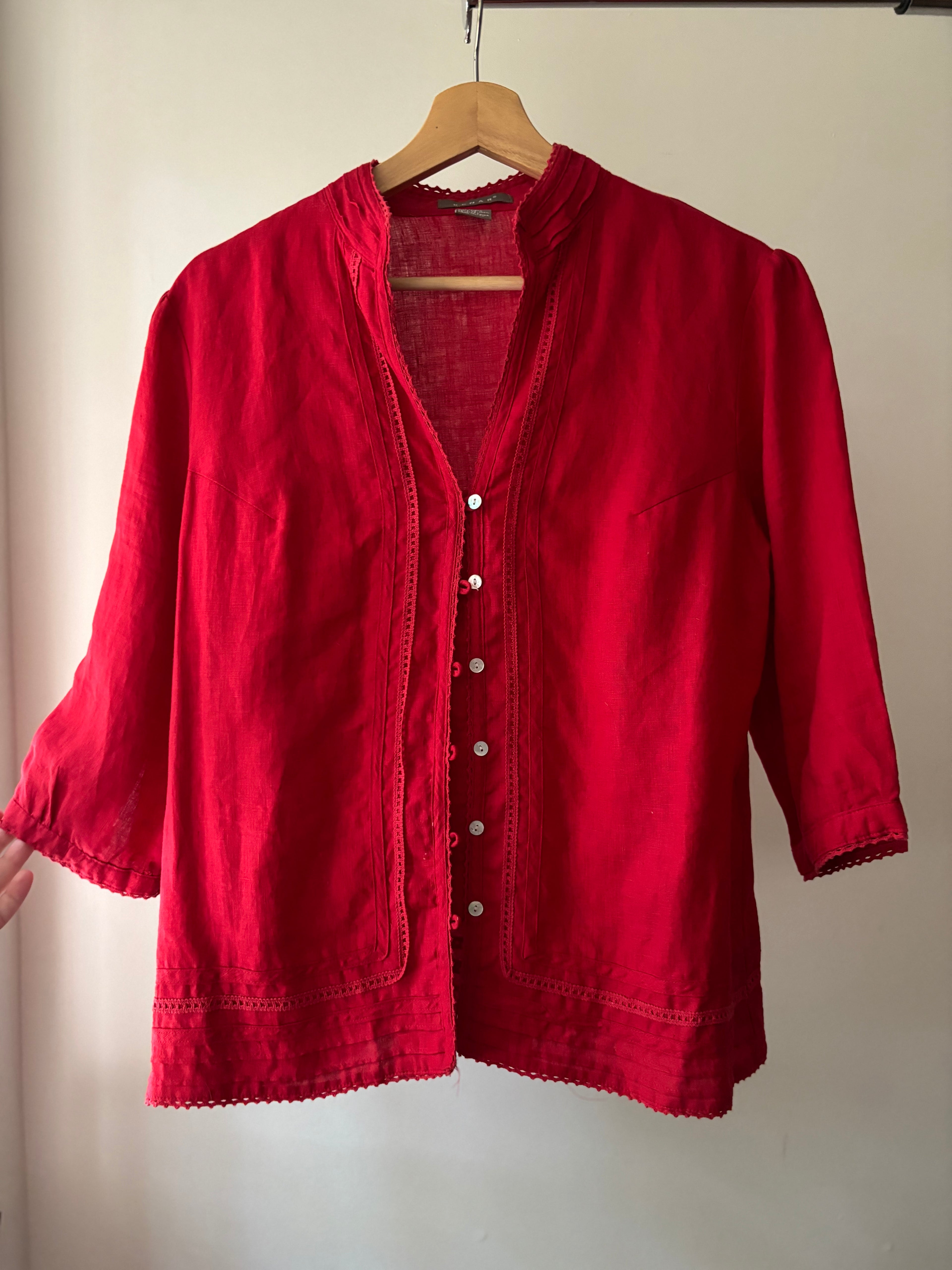 Y2K Red Linen Puff Sleeve Blouse with Lace Trim