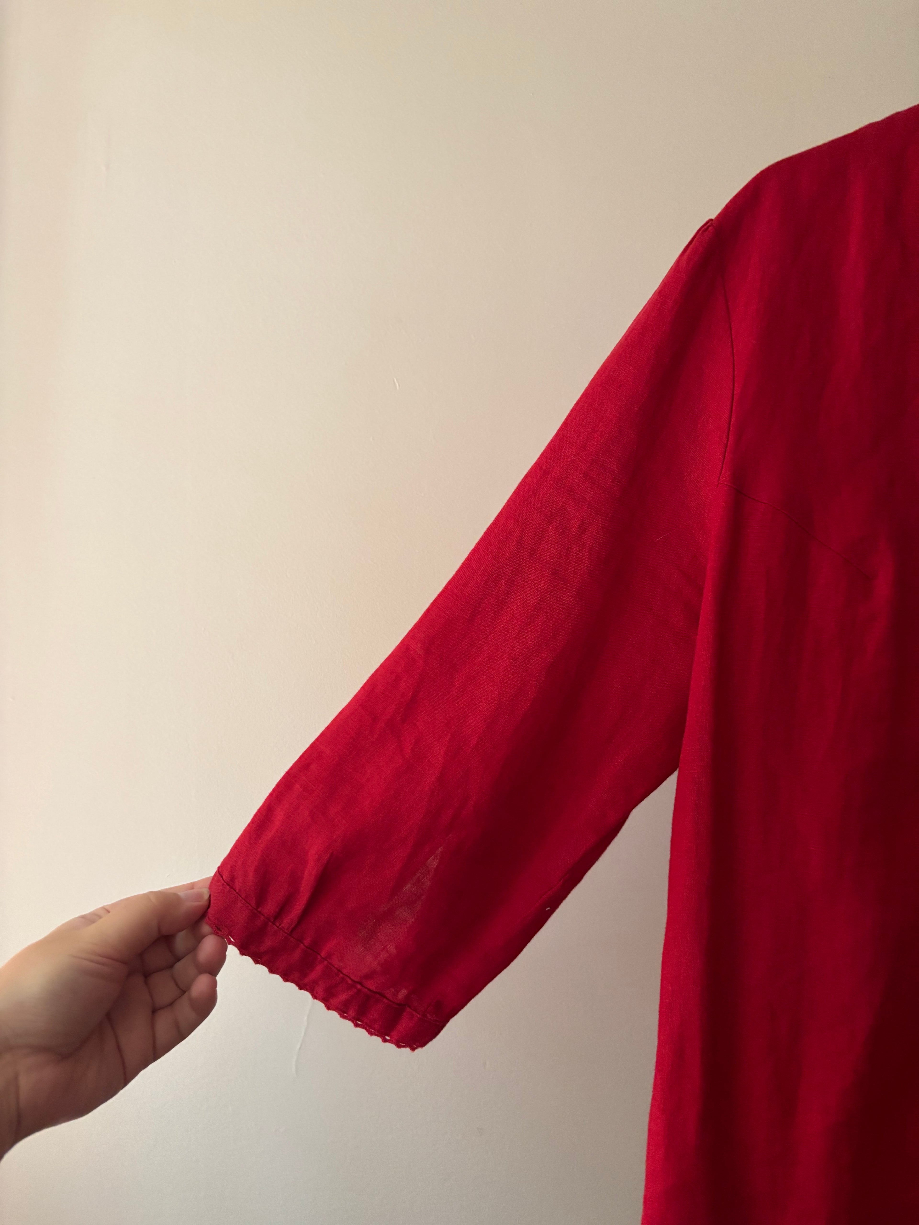 Y2K Red Linen Puff Sleeve Blouse with Lace Trim