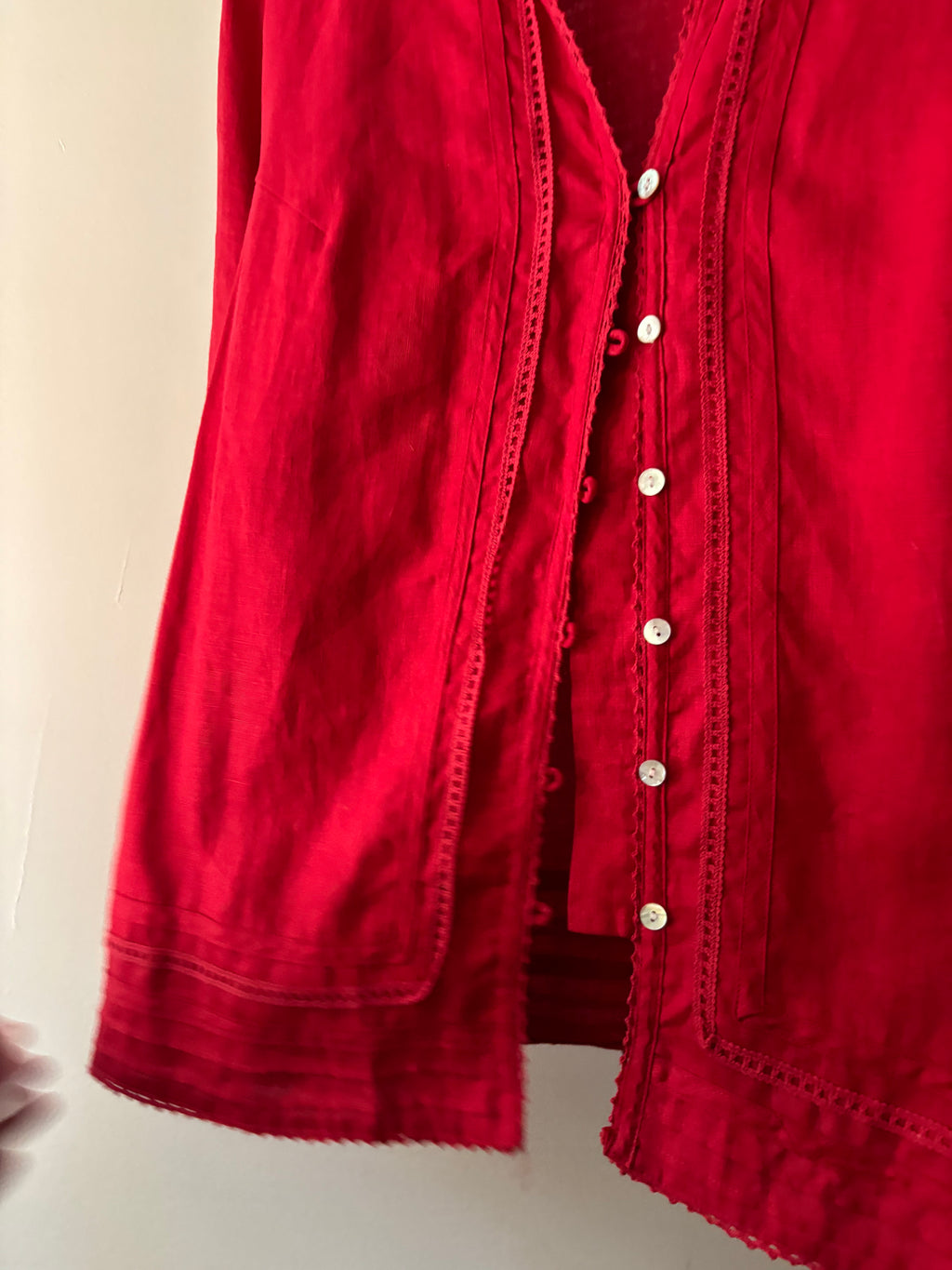 Y2K Red Linen Puff Sleeve Blouse with Lace Trim