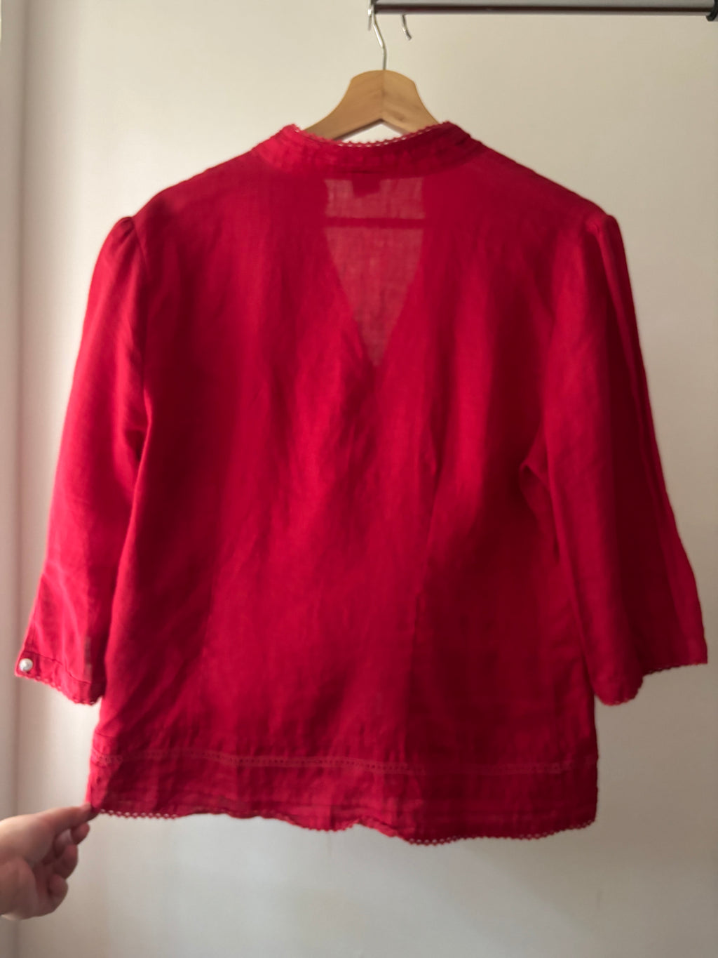 Y2K Red Linen Puff Sleeve Blouse with Lace Trim
