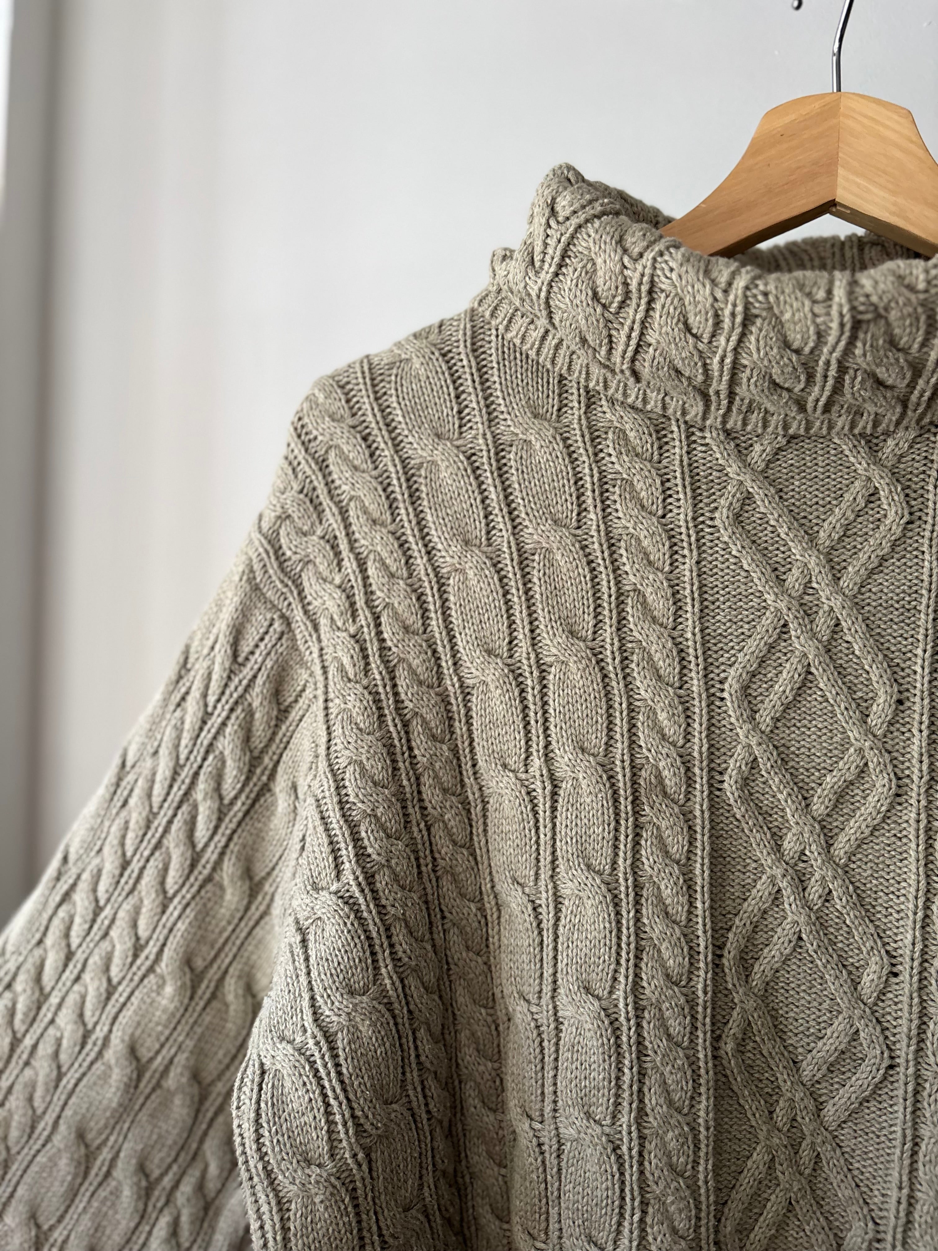 1990s Green Cotton Cable Knit | Vintage Cropped Turtleneck Sweater