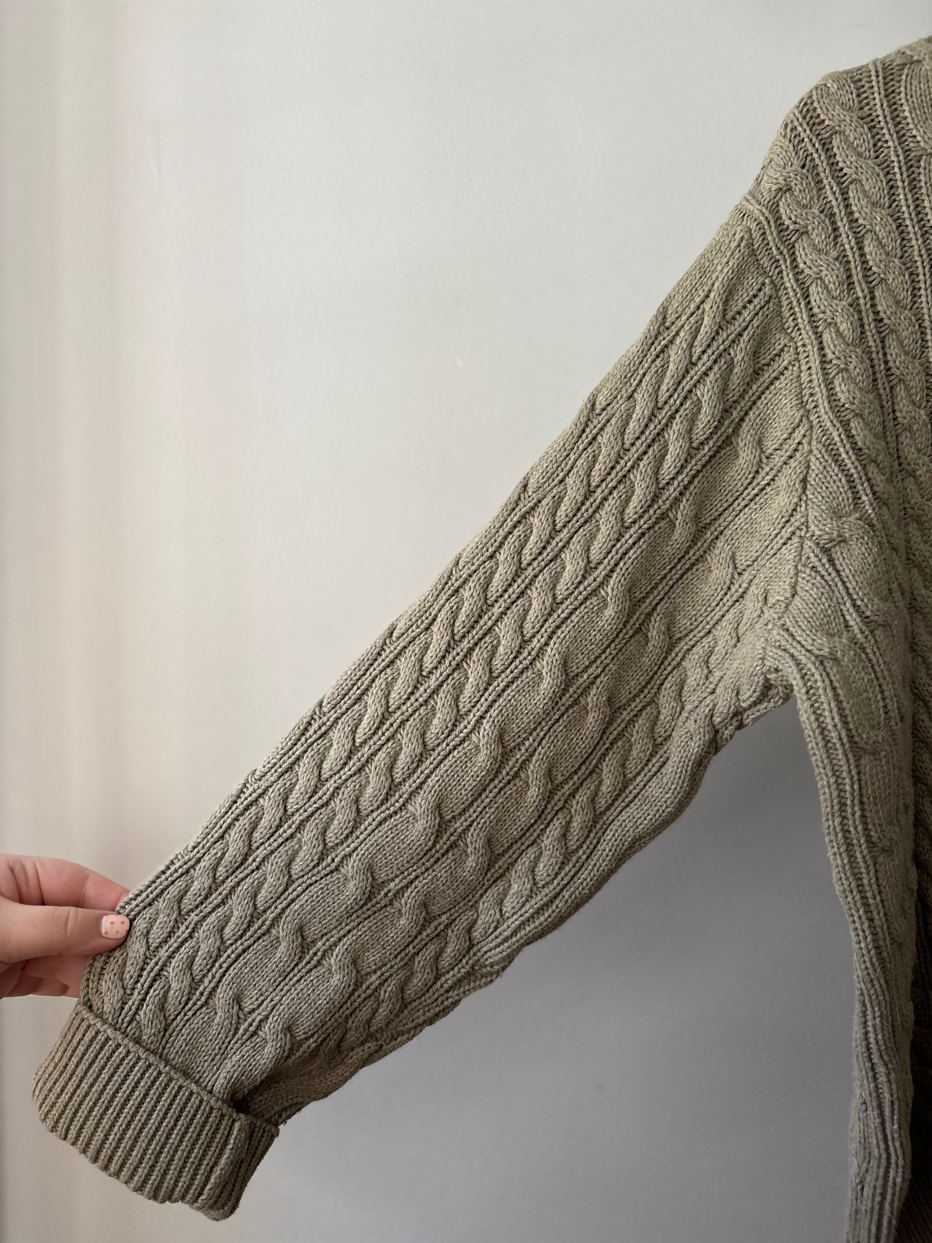 1990s Green Cotton Cable Knit | Vintage Cropped Turtleneck Sweater