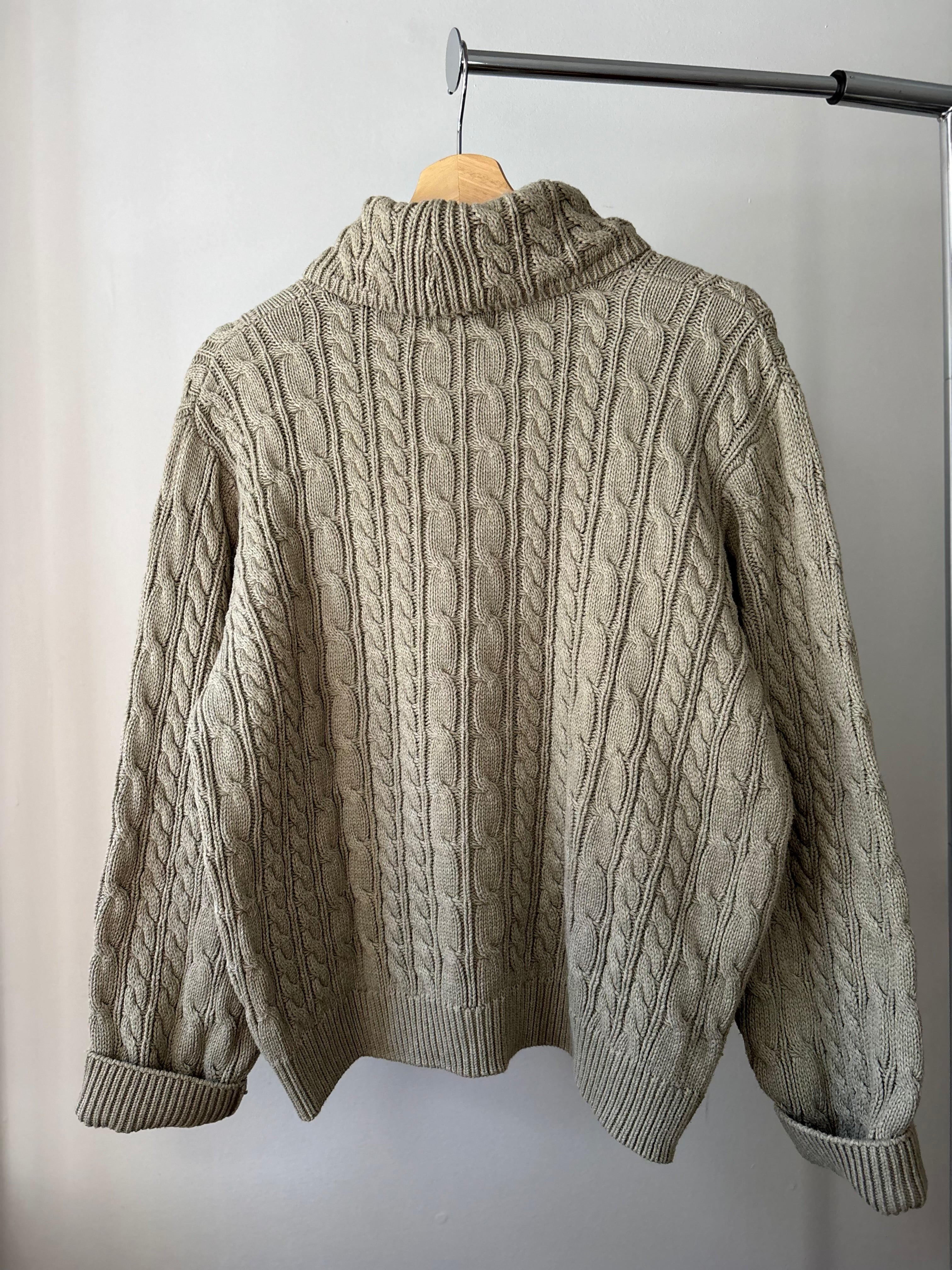 1990s Green Cotton Cable Knit | Vintage Cropped Turtleneck Sweater