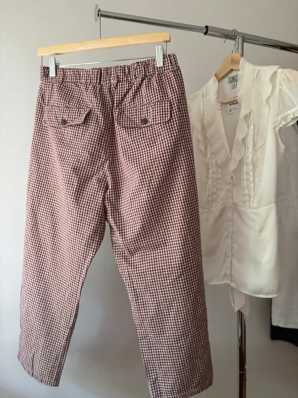 Cotton Pleated Burgundy Gingham Capris | size 29"