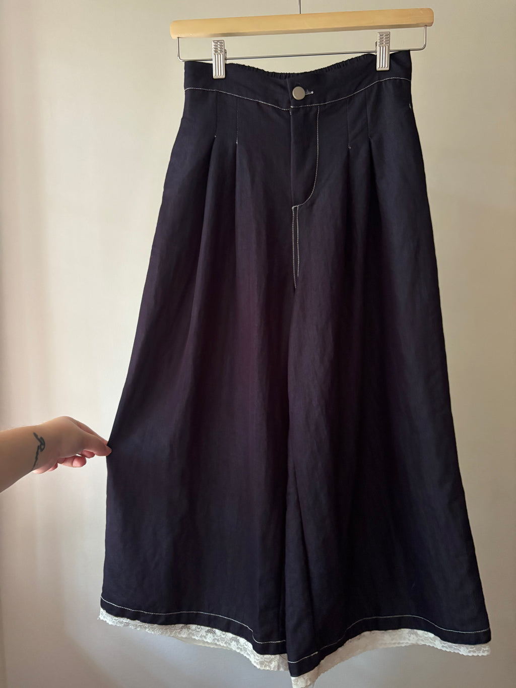 Handmade Pleated Blue Culottes with Lace Trim | size 25"