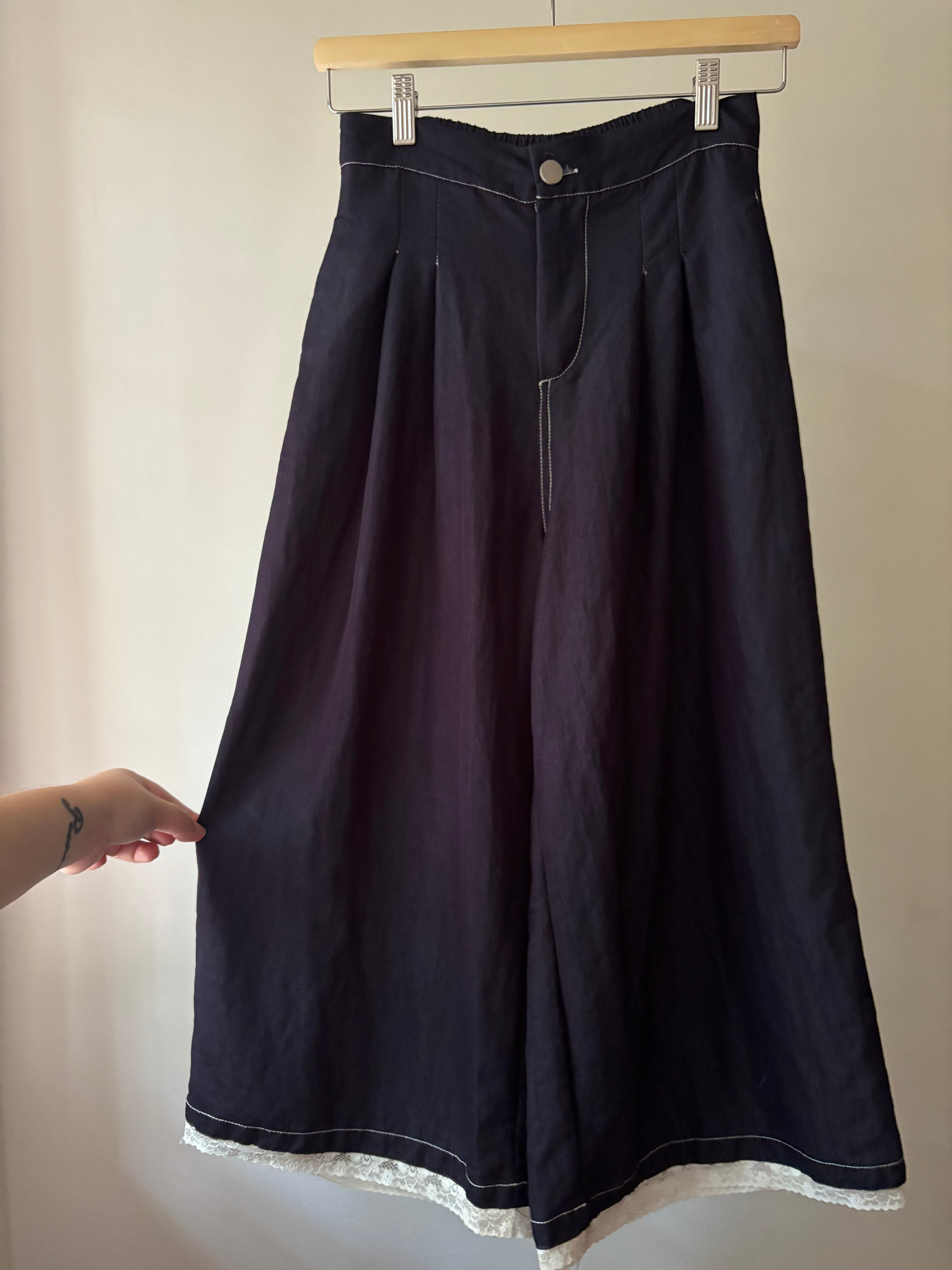Handmade Pleated Blue Culottes with Lace Trim | size 25"