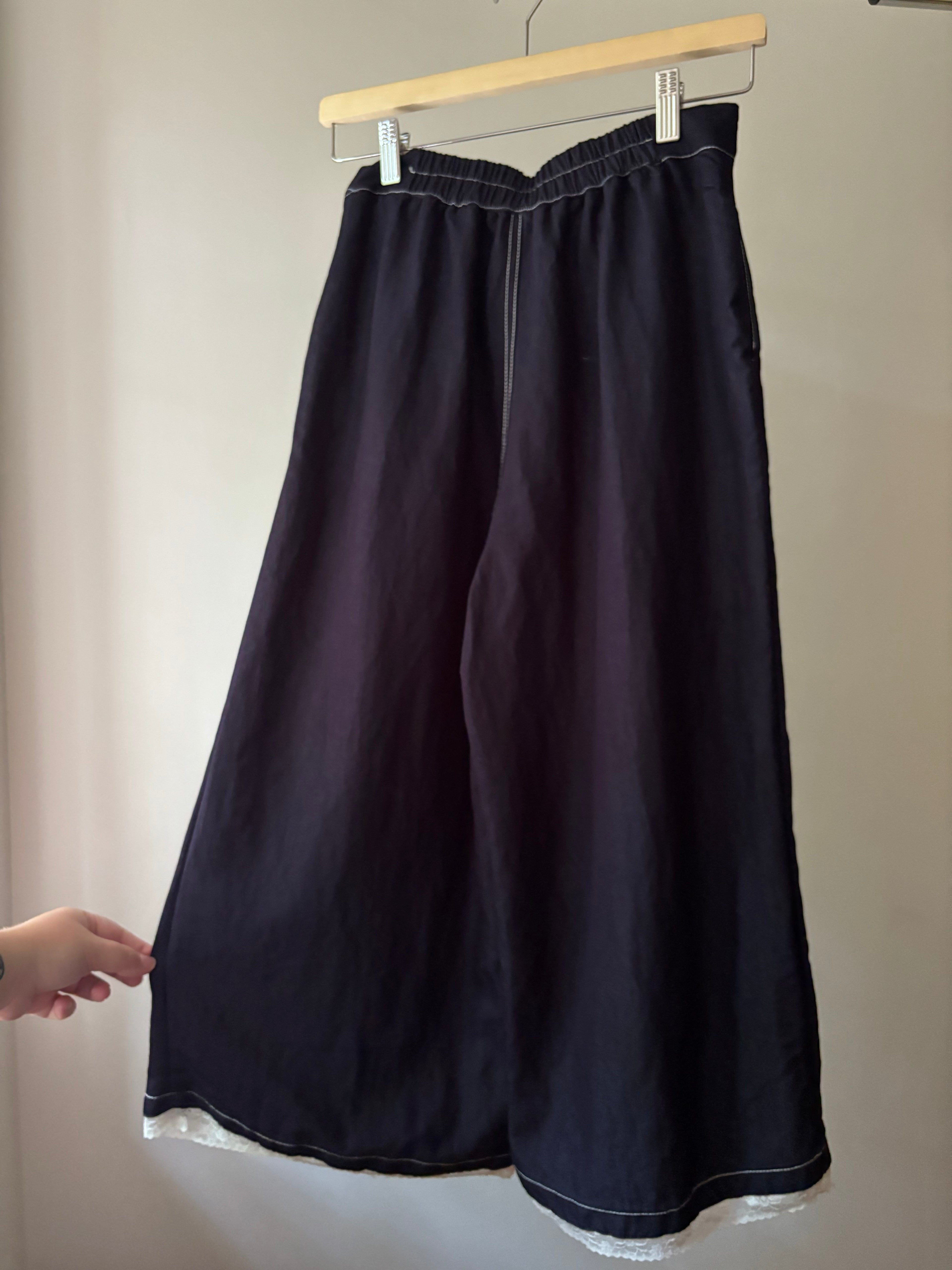 Handmade Pleated Blue Culottes with Lace Trim | size 25"