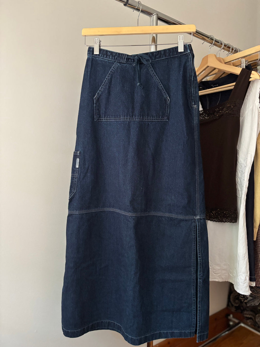 Y2K Denim Maxi Skirt with Tie & Pockets | size 24"